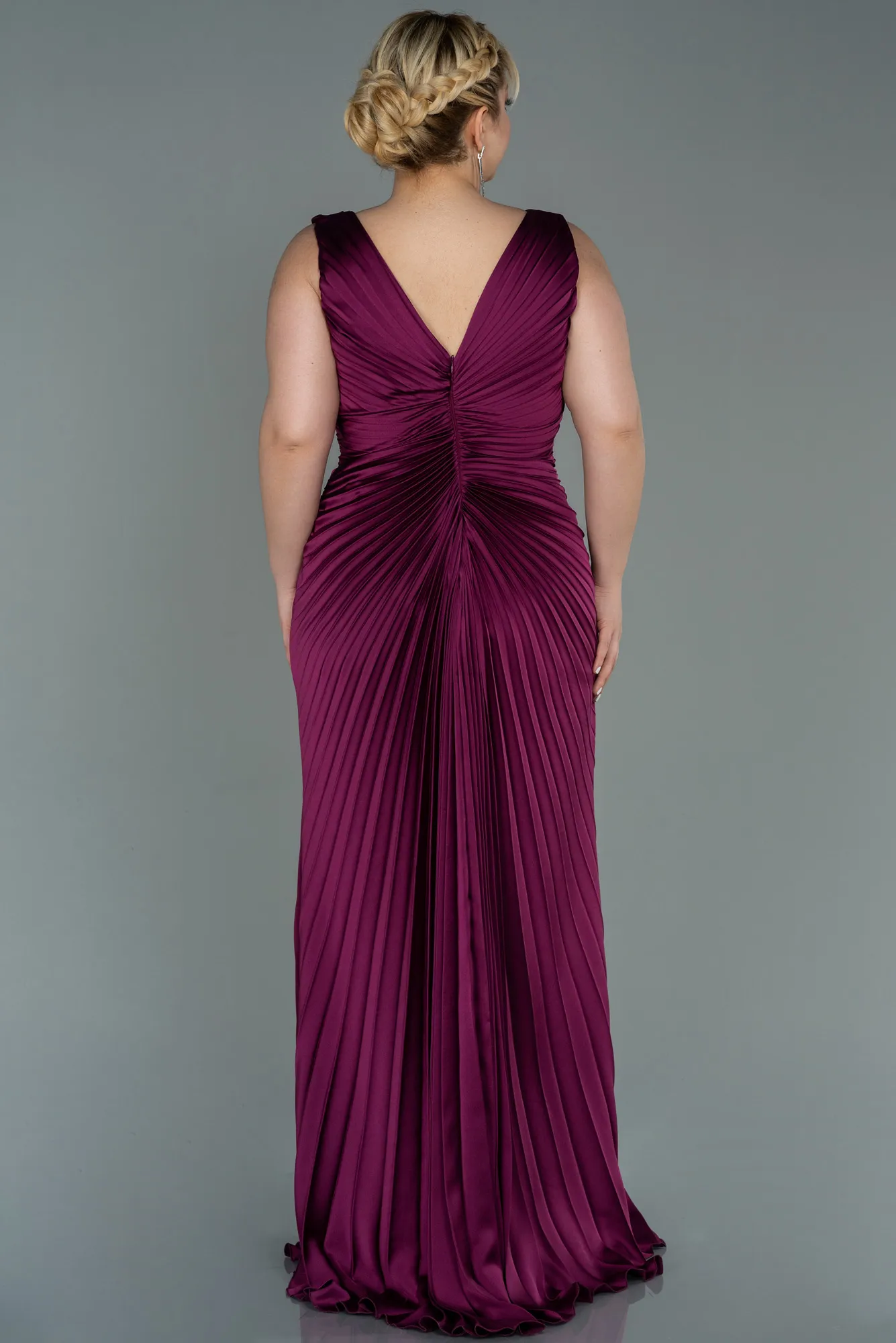 Plum-Long Satin Plus Size Evening Dress ABU3076