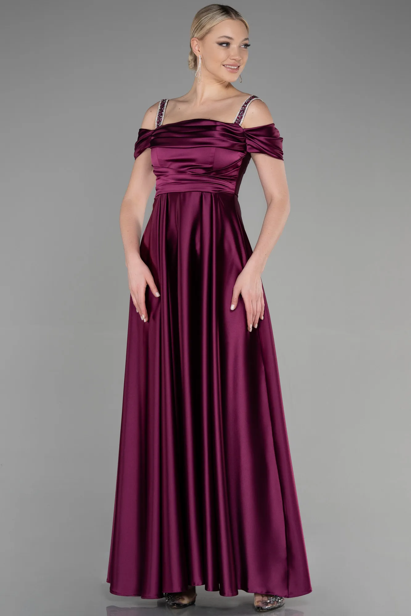 Plum-Long Satin Plus Size Evening Dress ABU3277