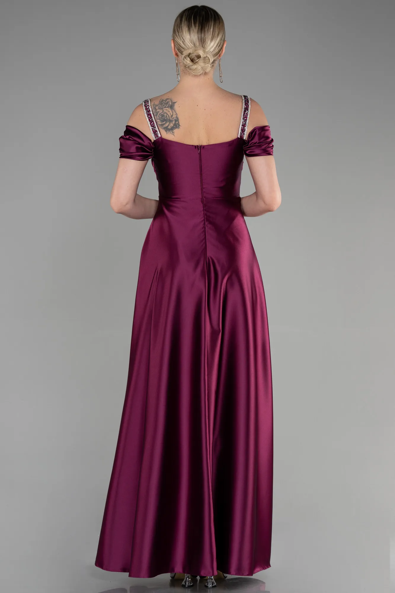 Plum-Long Satin Plus Size Evening Dress ABU3277