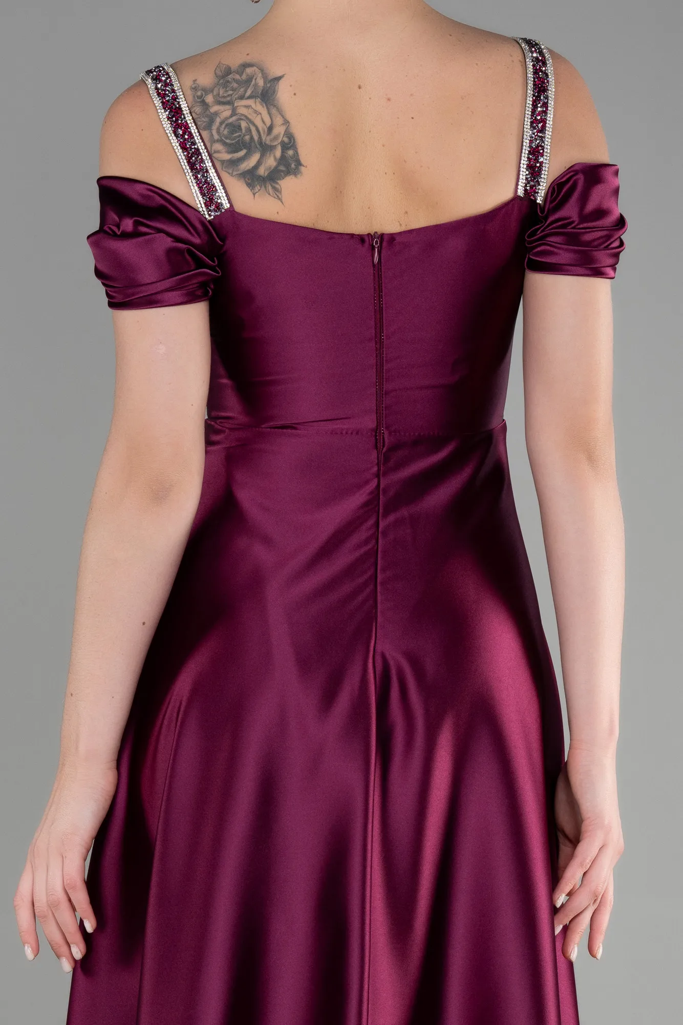 Plum-Long Satin Plus Size Evening Dress ABU3277