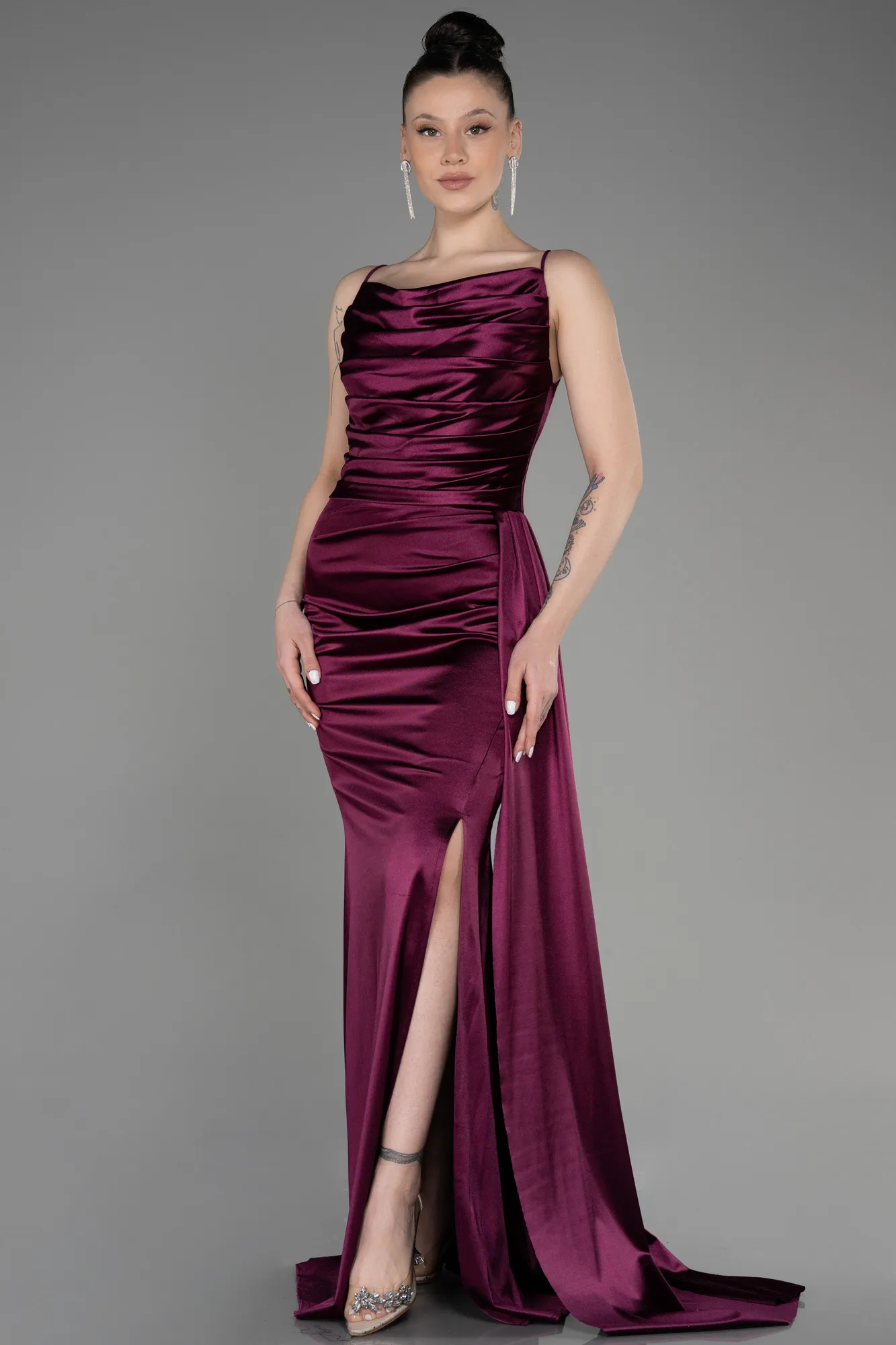 Plum-Long Satin Prom Gown ABU2539