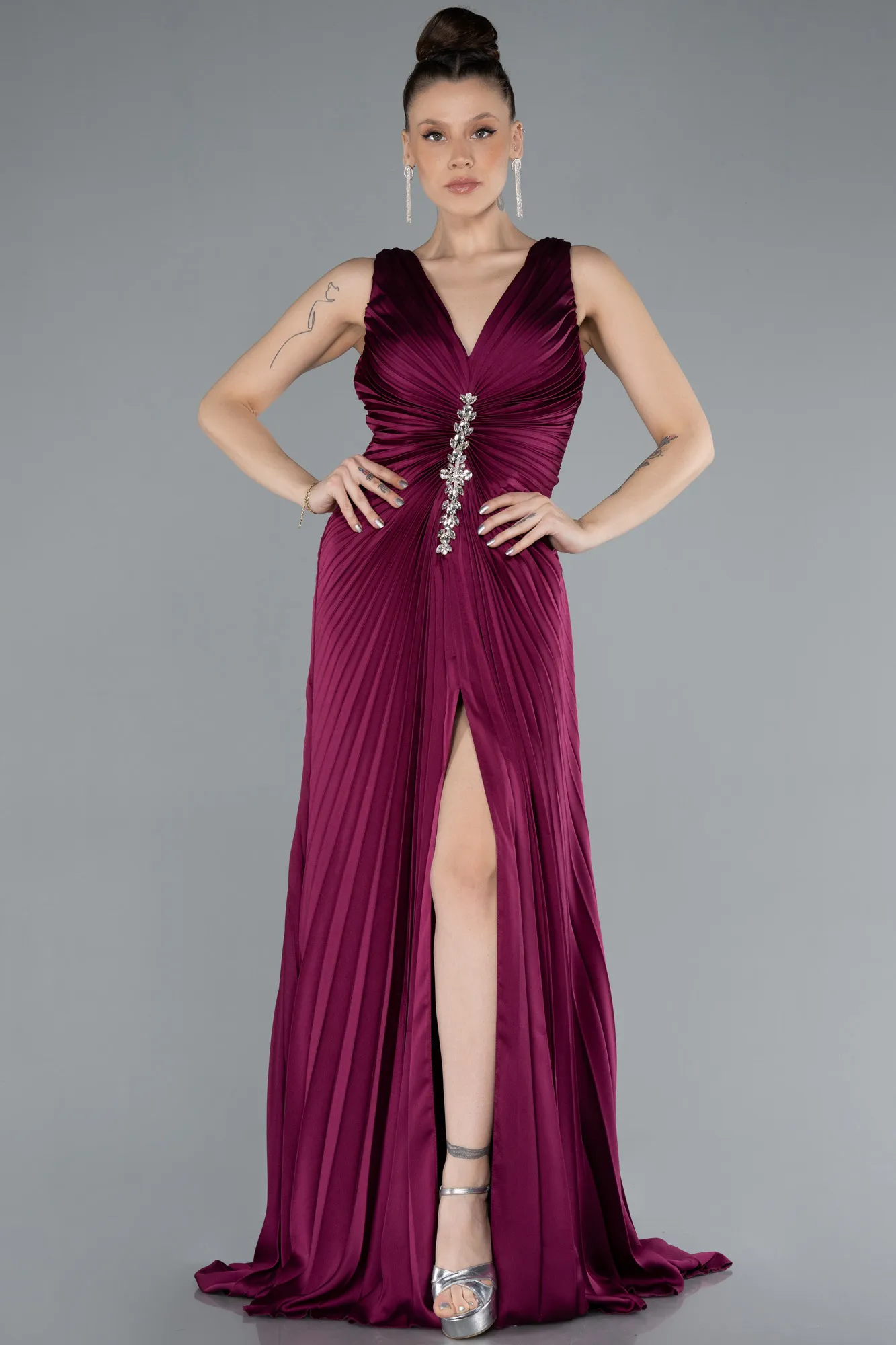 Plum-Long Satin Prom Gown ABU4669