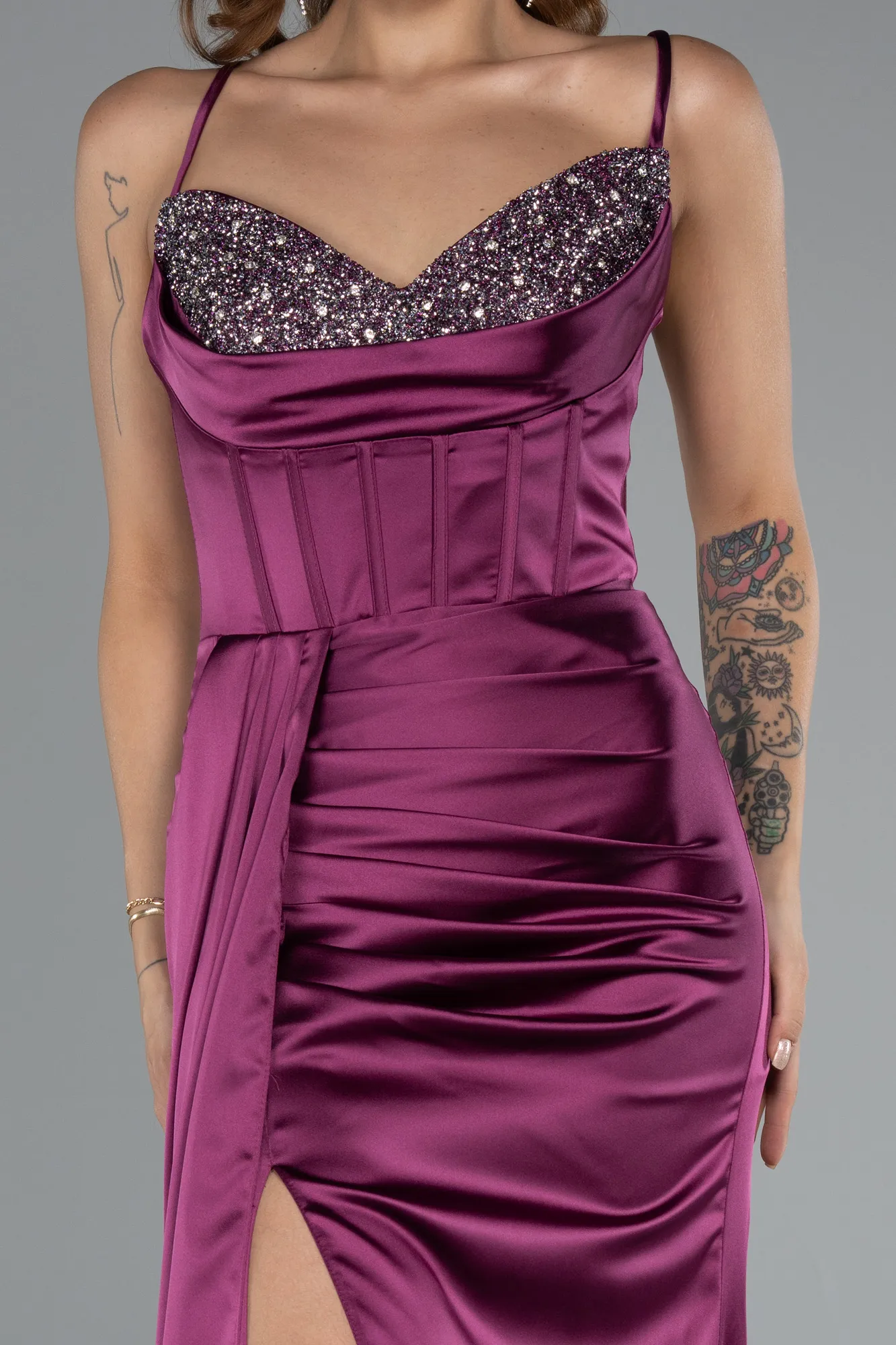 Plum-Long Satin Prom Gown ABU5171