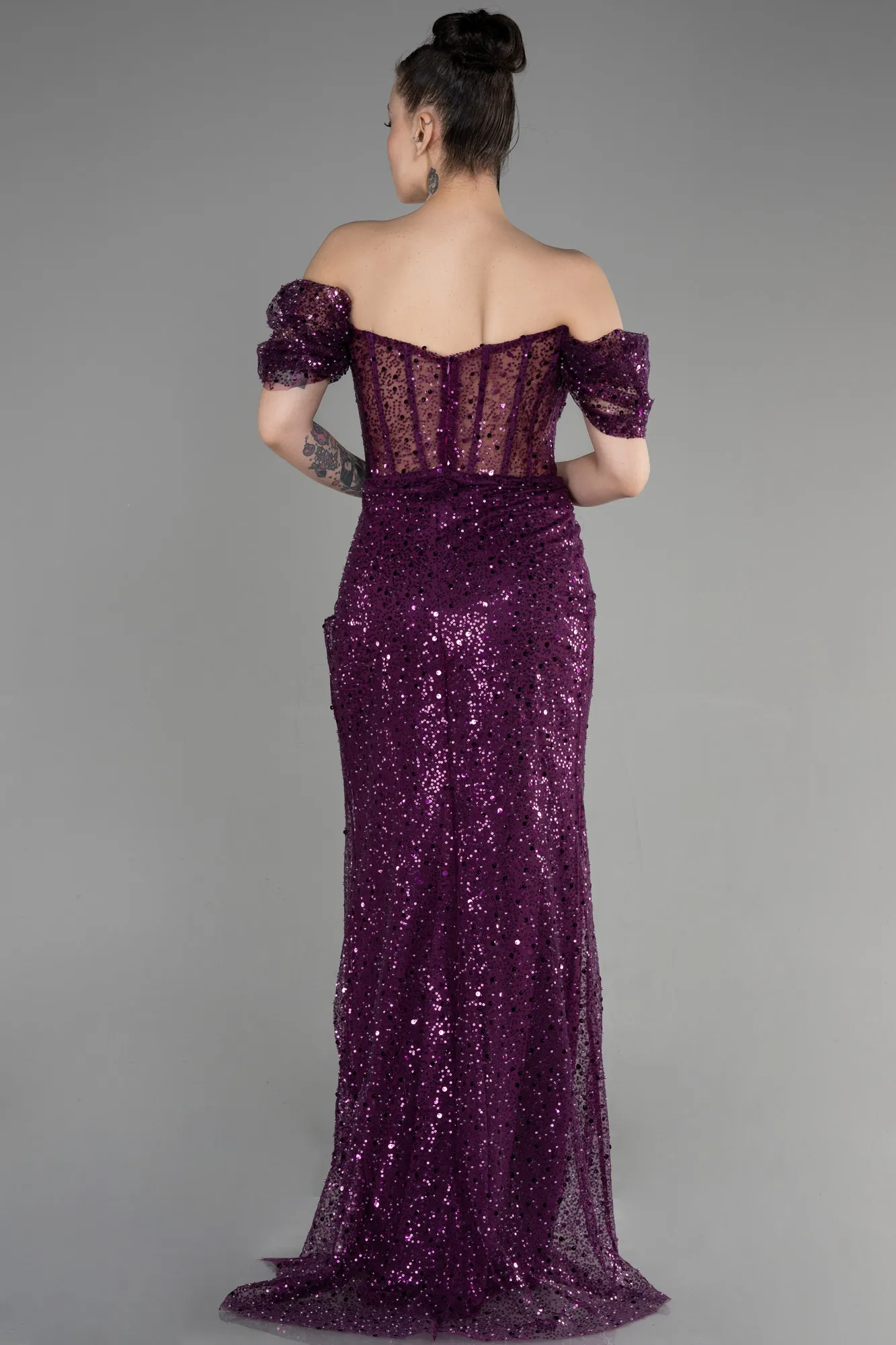Plum-Long Scaly Evening Dress ABU3658
