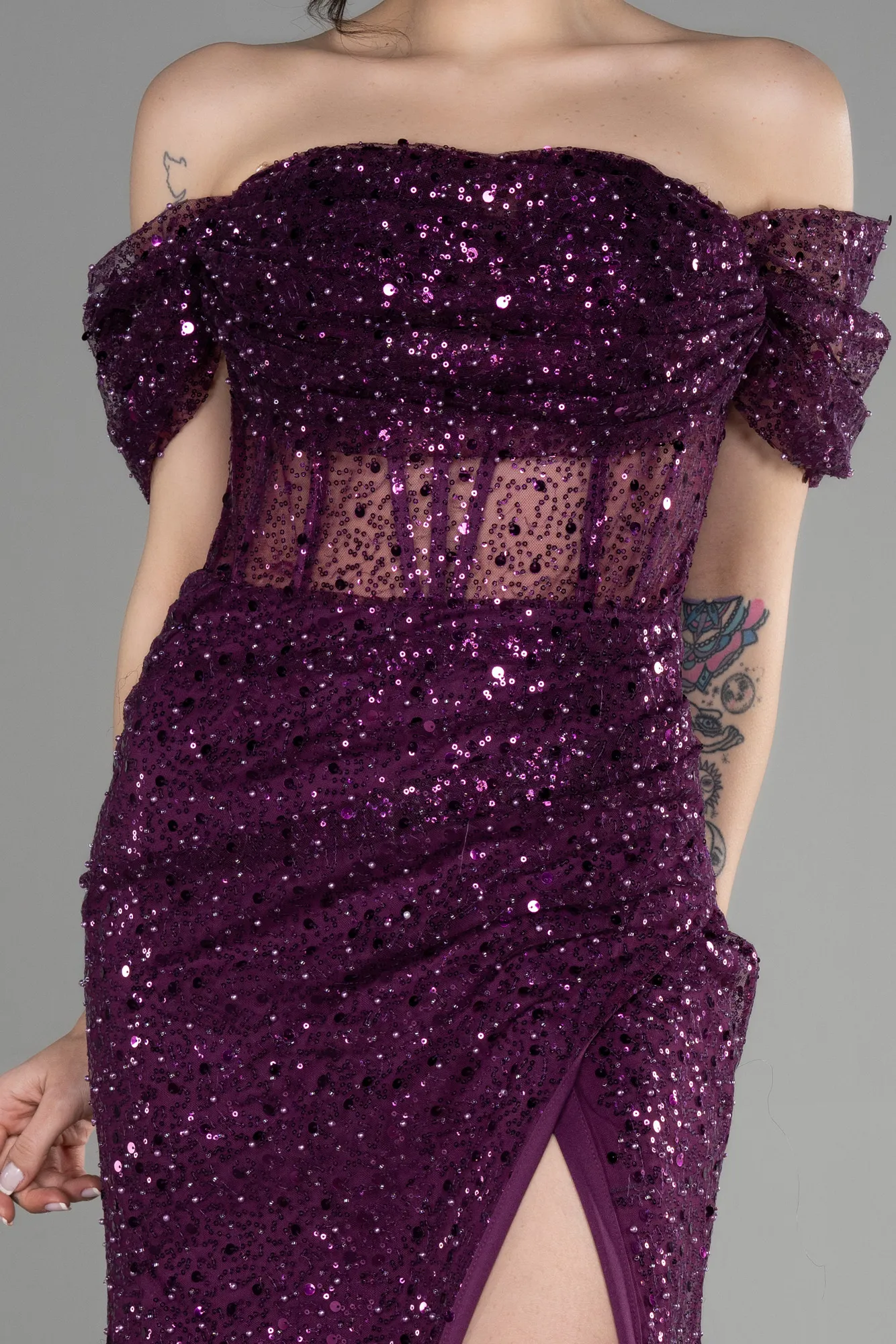 Plum-Long Scaly Evening Dress ABU3658