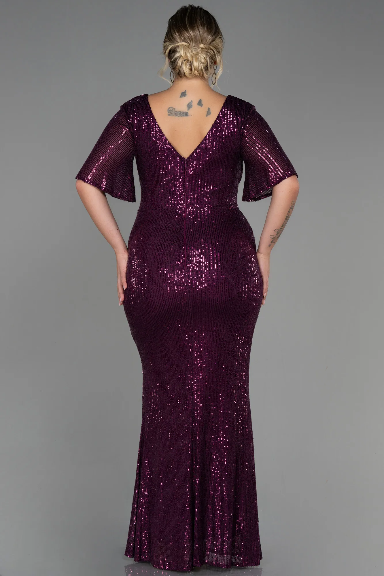 Plum-Long Scaly Plus Size Evening Dress ABU2796