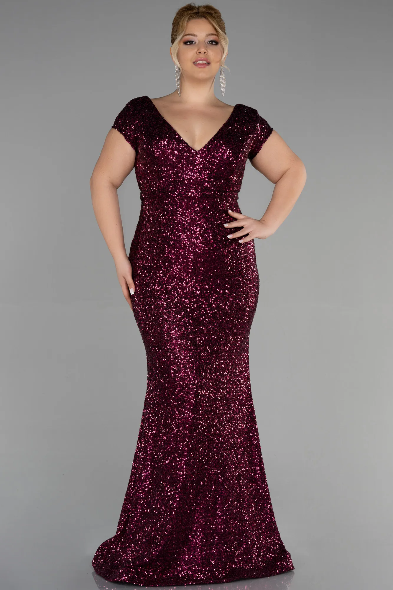 Plum-Long Scaly Plus Size Evening Dress ABU3465