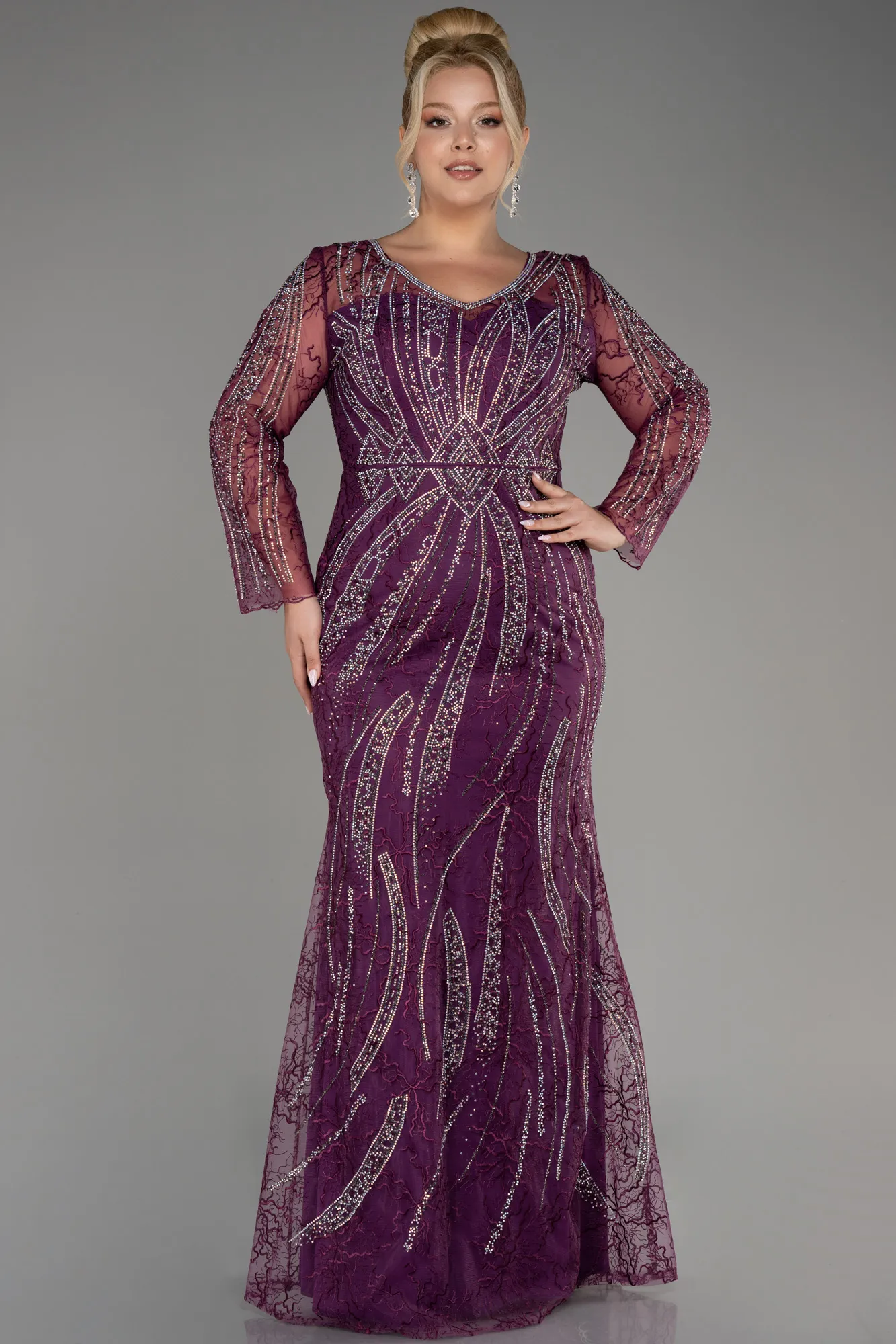 Plum-Long Sleeve Stone Guipure Plus Size Evening Gown ABU4052