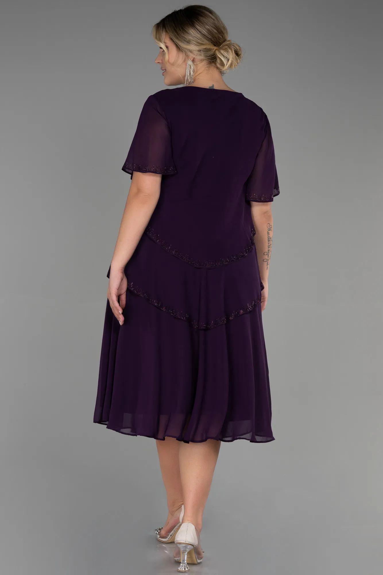 Plum-Midi Chiffon Plus Size Evening Dress ABK1825