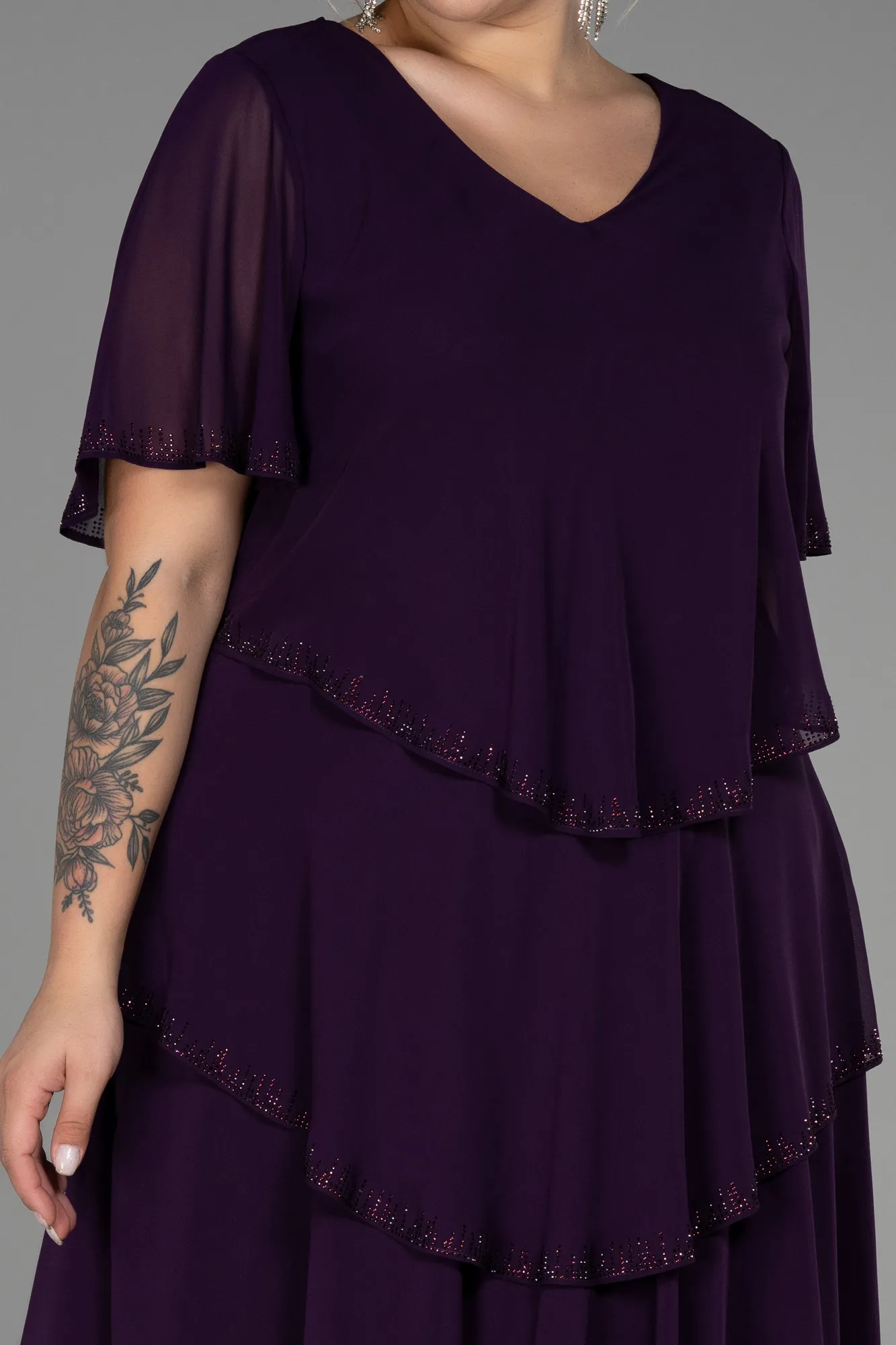 Plum-Midi Chiffon Plus Size Evening Dress ABK1825