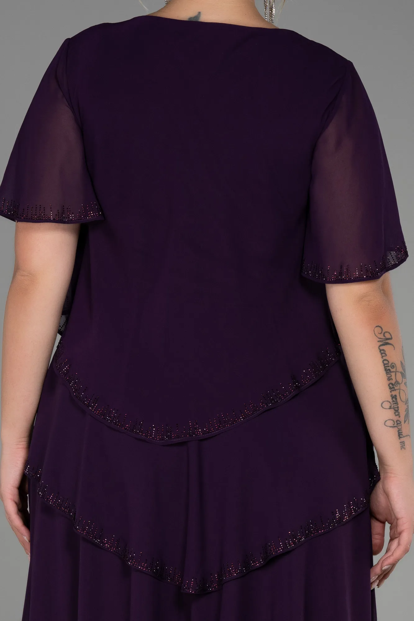 Plum-Midi Chiffon Plus Size Evening Dress ABK1825
