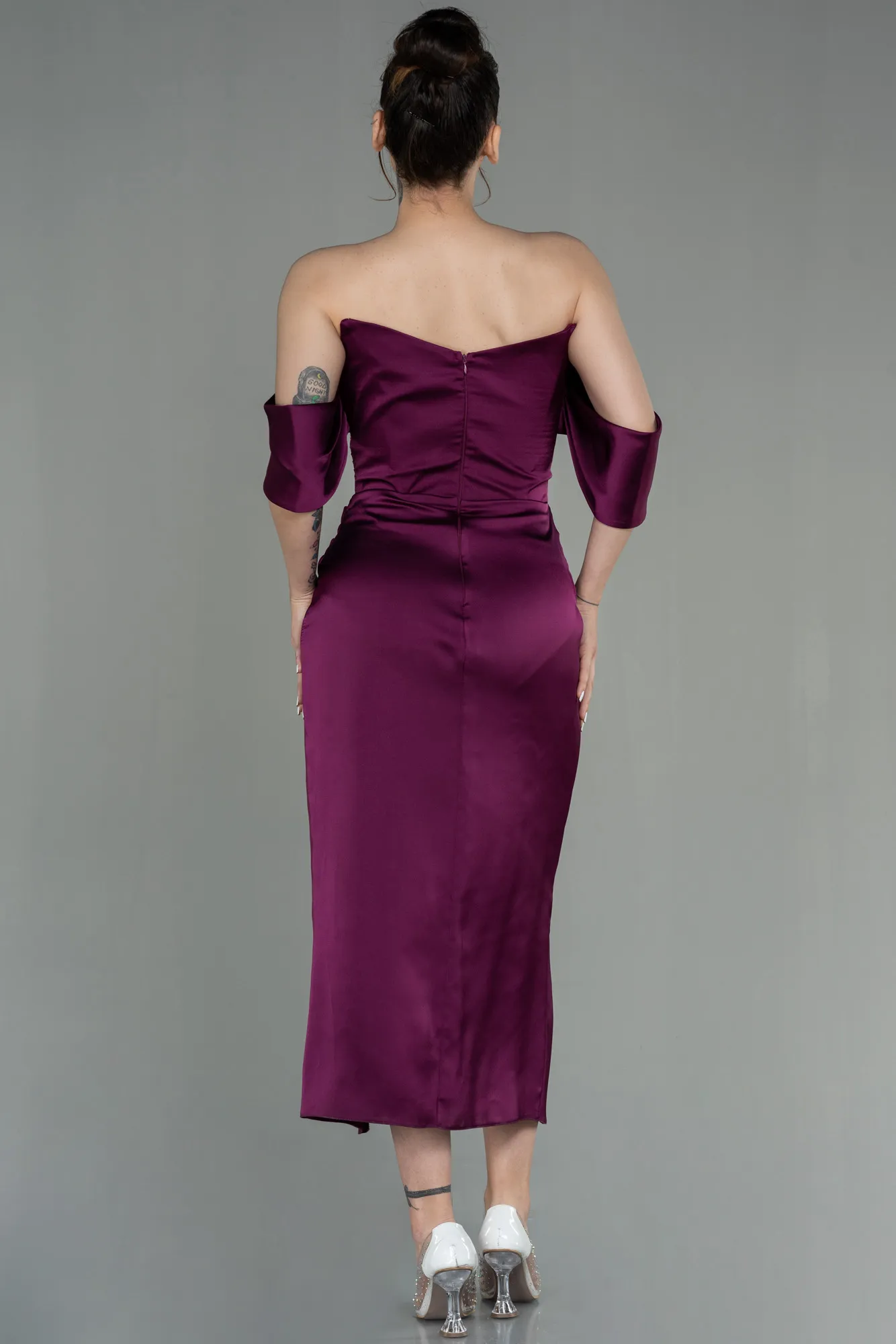 Plum-Midi Satin Invitation Dress ABK1404