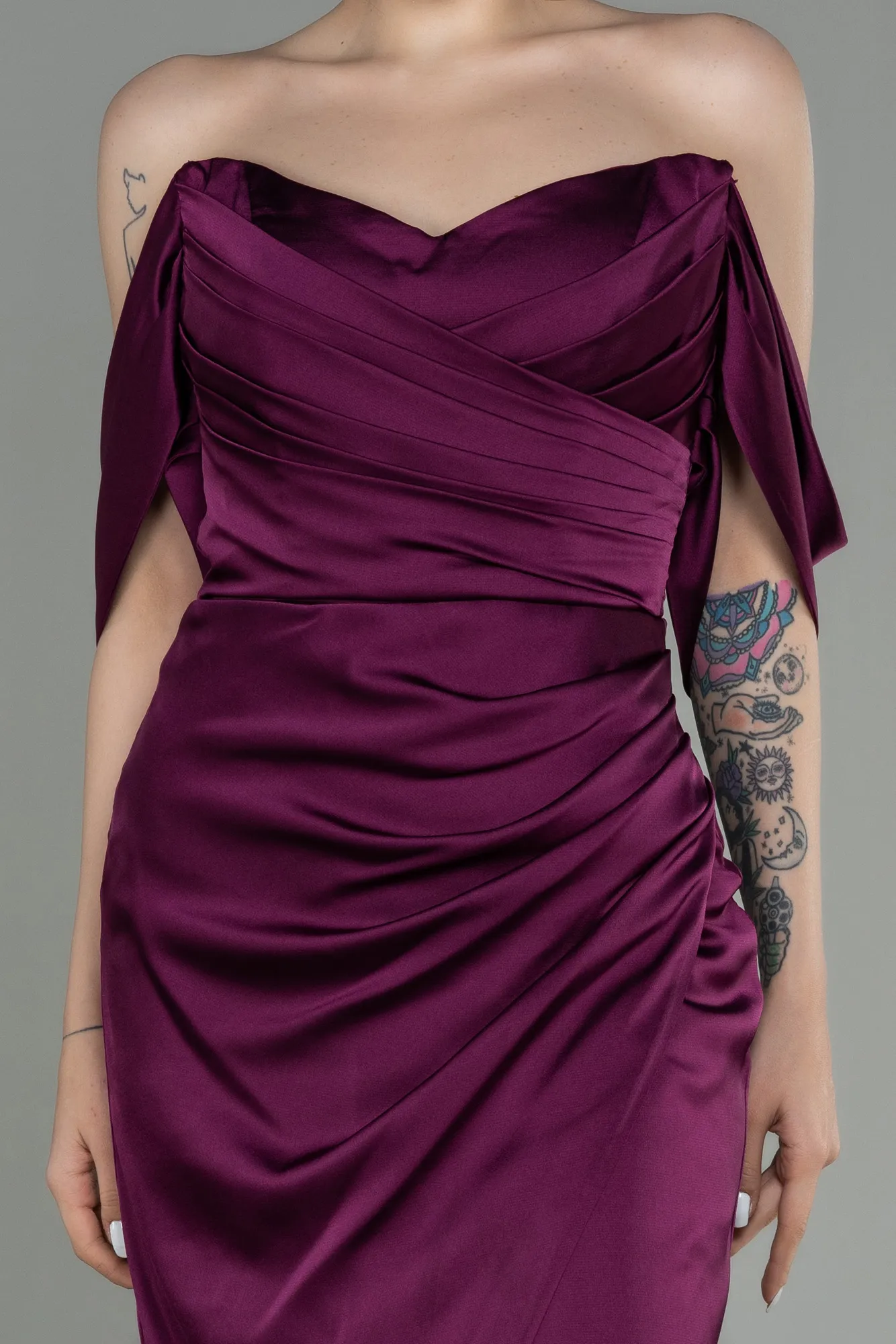 Plum-Midi Satin Invitation Dress ABK1404