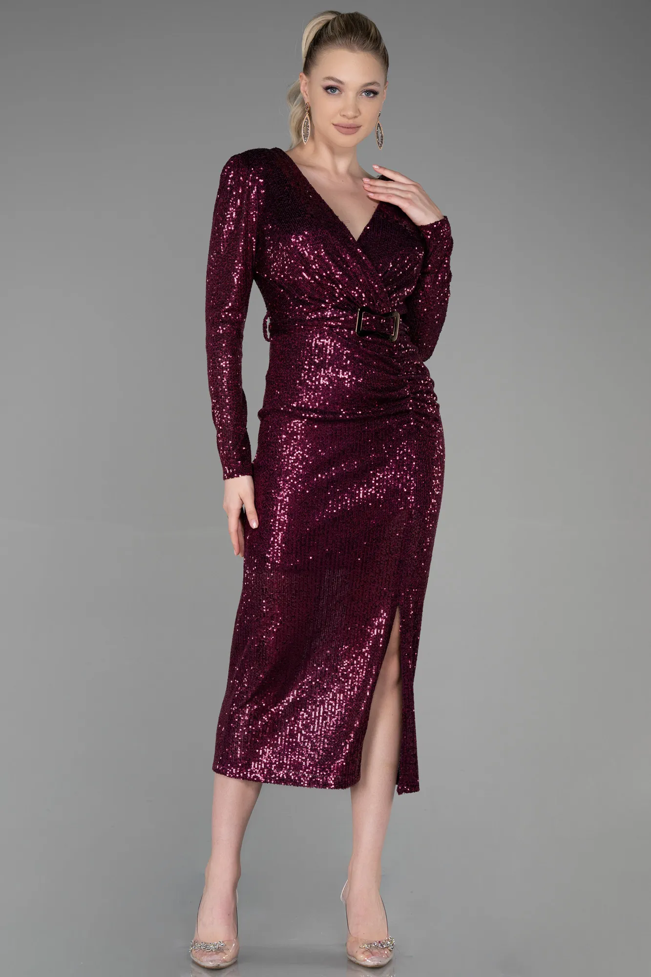Plum-Midi Scaly Invitation Dress ABK1808