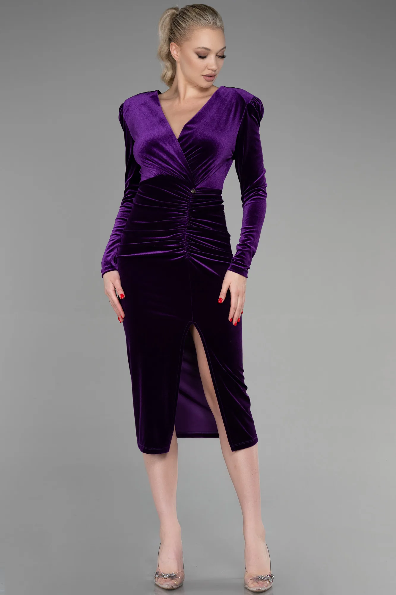 Plum-Midi Velvet Invitation Dress ABK1901