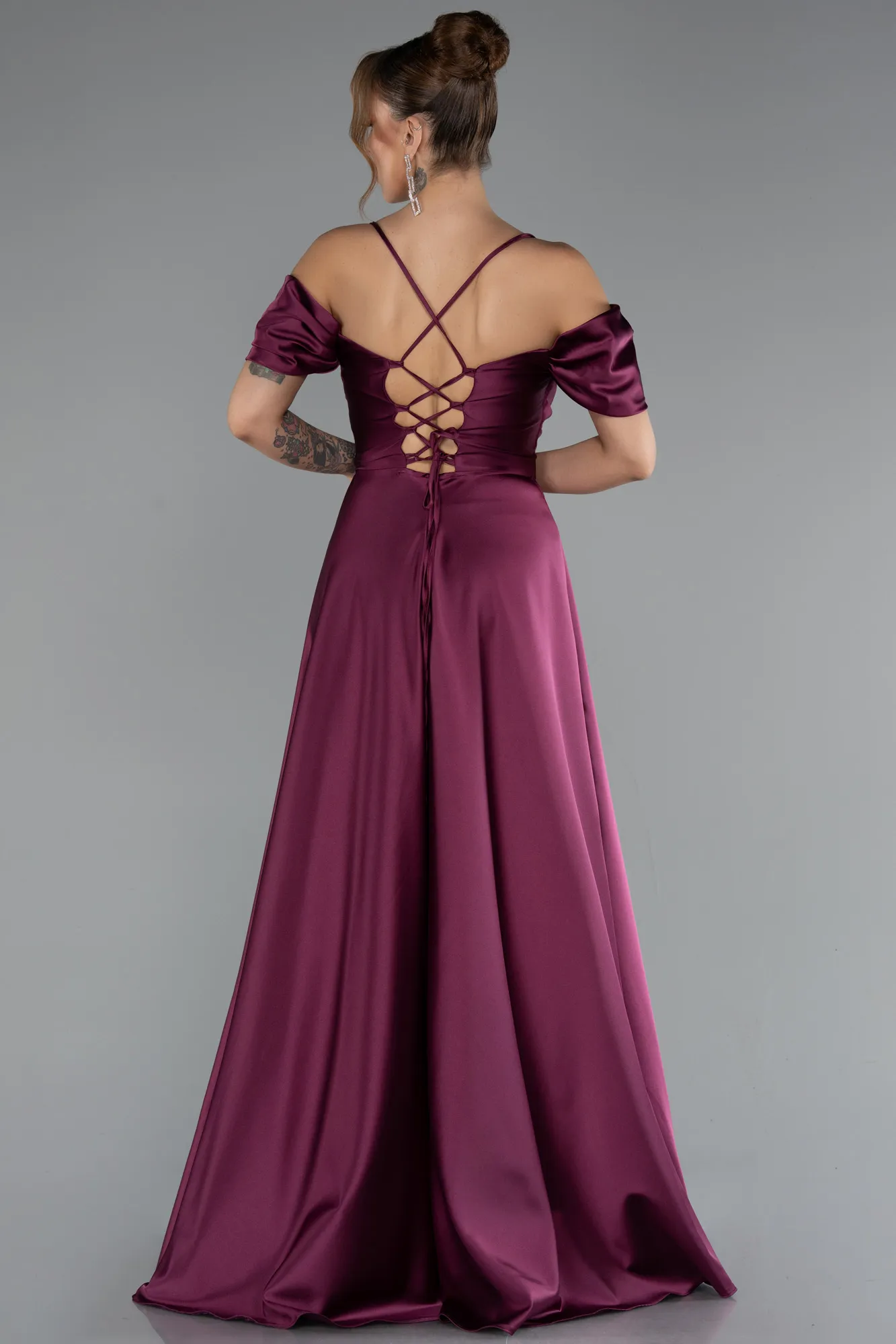 Plum-Off The Shoulder Slit Long Satin Prom Dress ABU4703