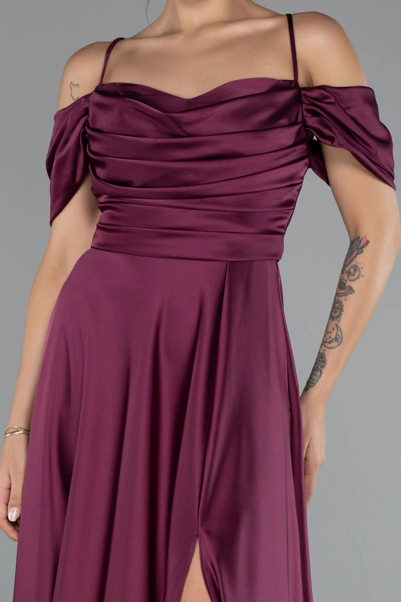 Plum-Off The Shoulder Slit Long Satin Prom Dress ABU4703