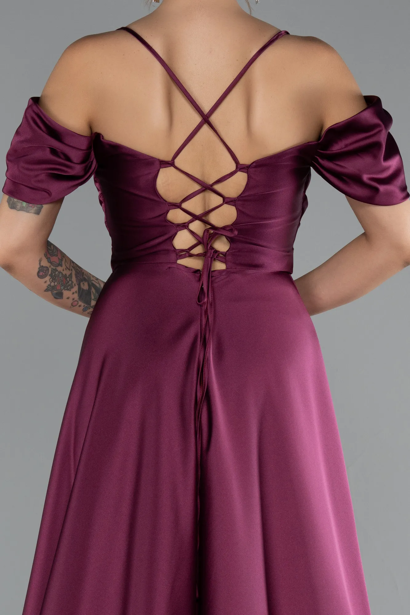 Plum-Off The Shoulder Slit Long Satin Prom Dress ABU4703