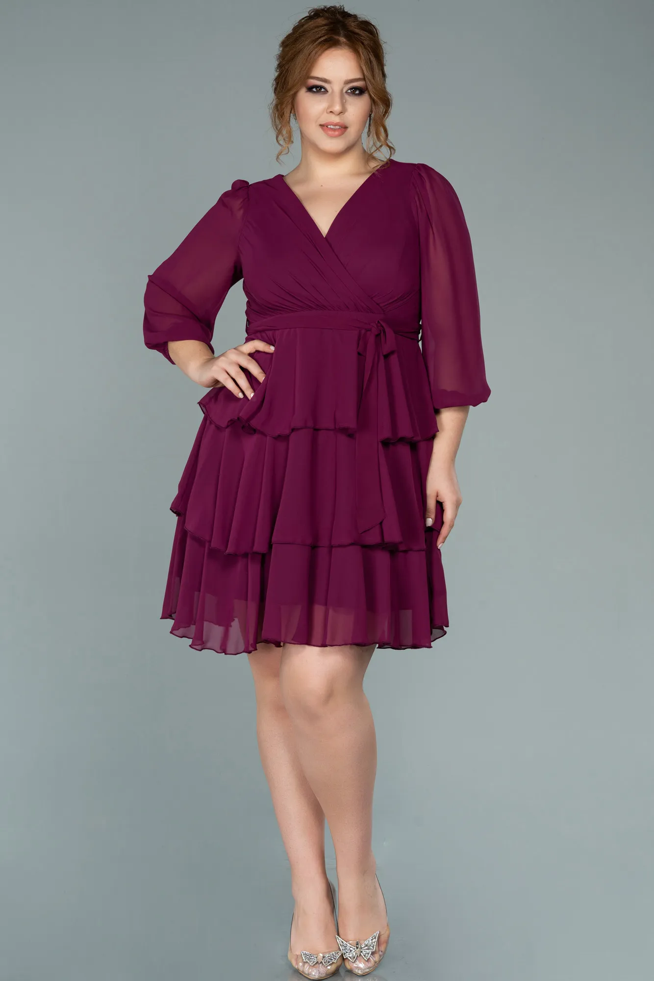 Plum-Short Chiffon Oversized Evening Dress ABK1002