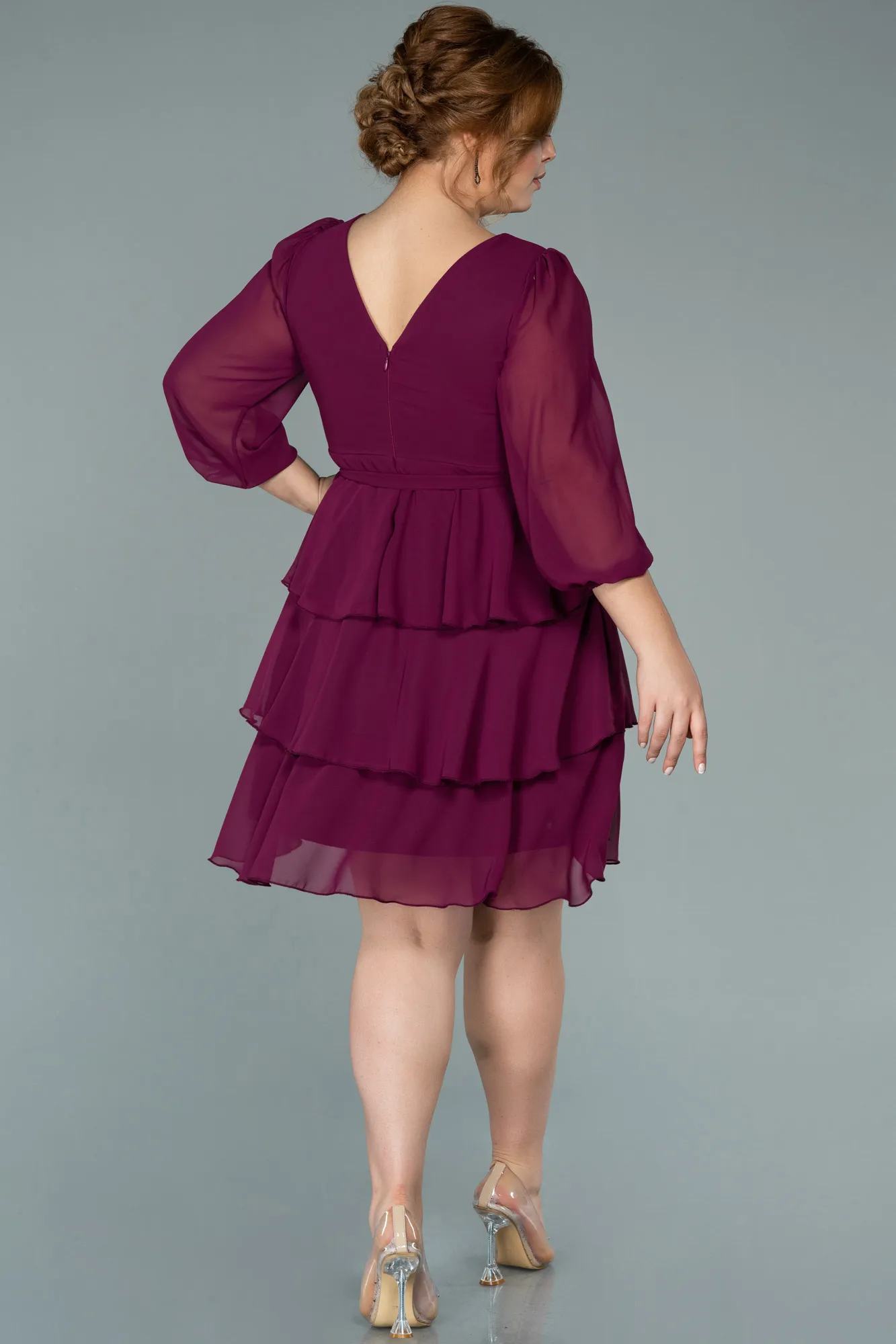 Plum-Short Chiffon Oversized Evening Dress ABK1002