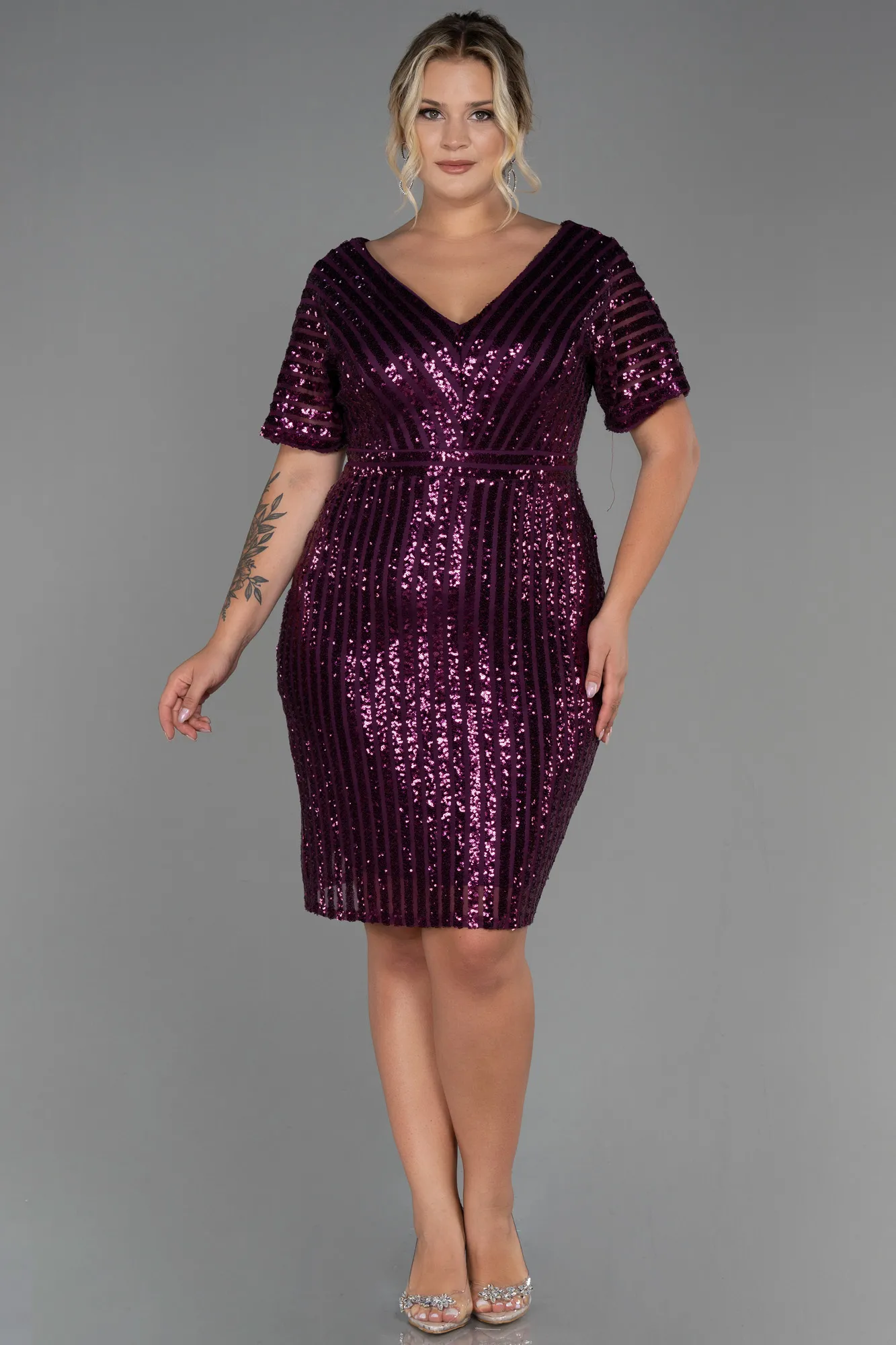 Plum-Short Plus Size Evening Dress ABK686
