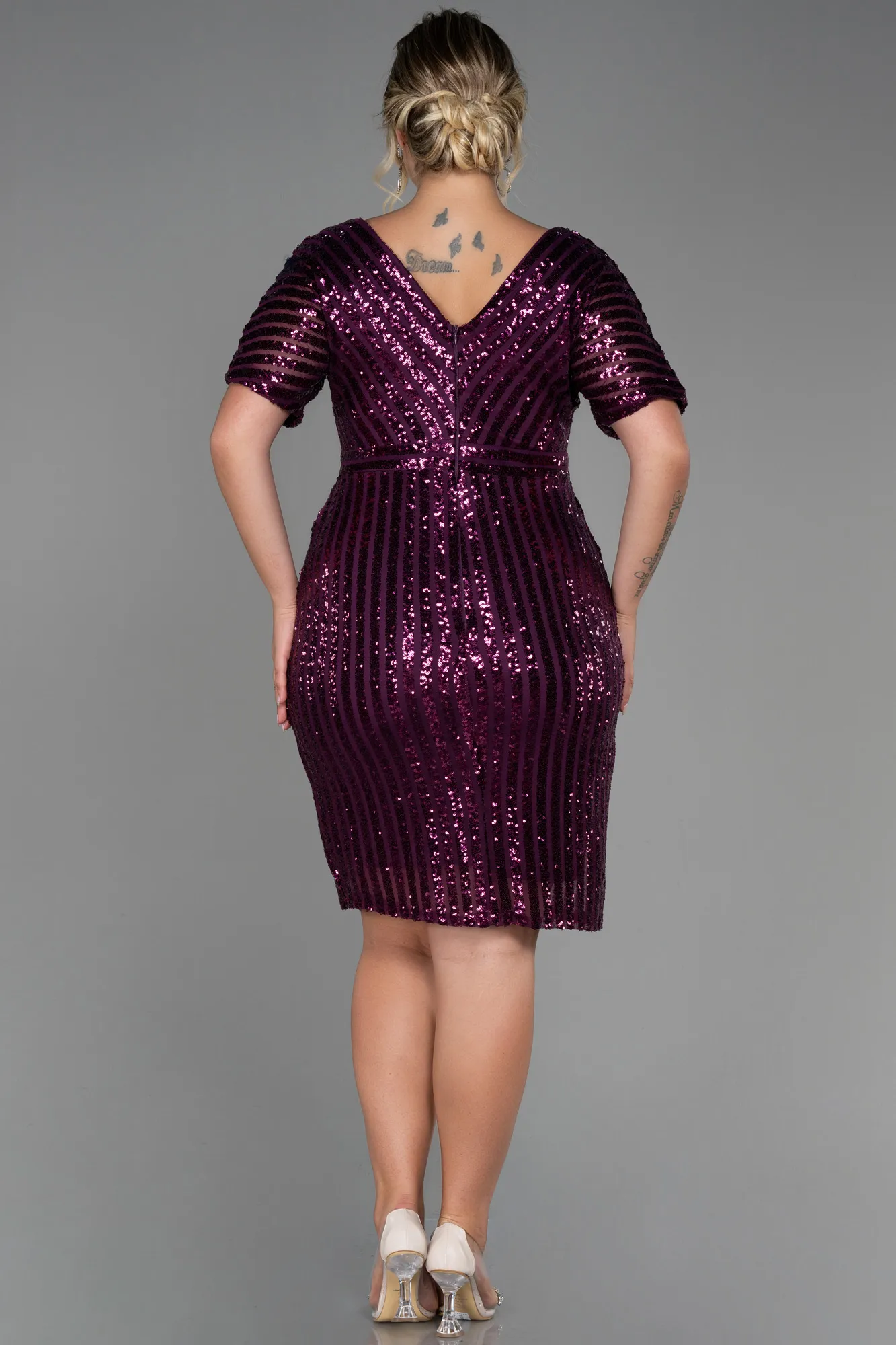 Plum-Short Plus Size Evening Dress ABK686