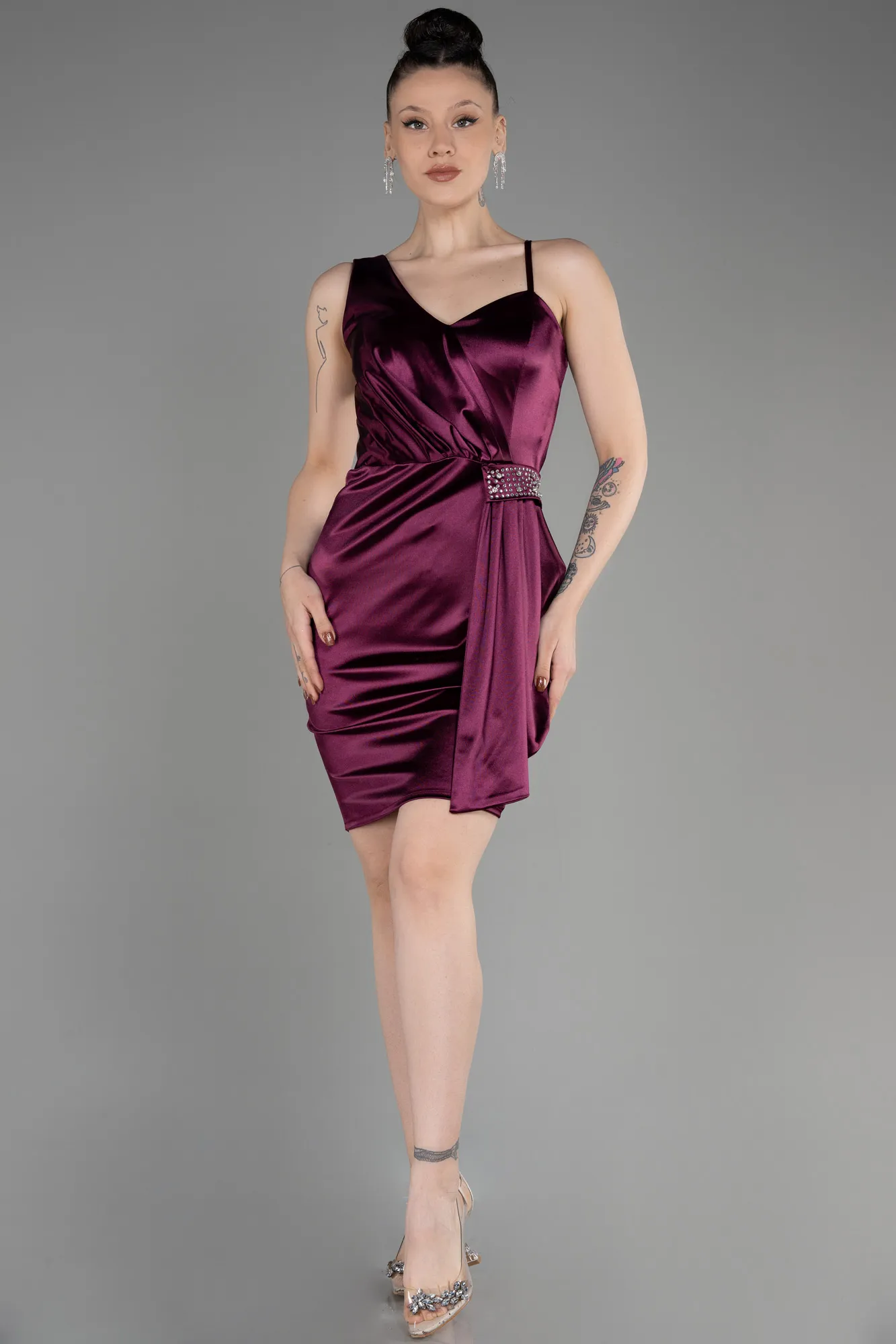 Plum-Short Satin Cocktail Dress ABK2024