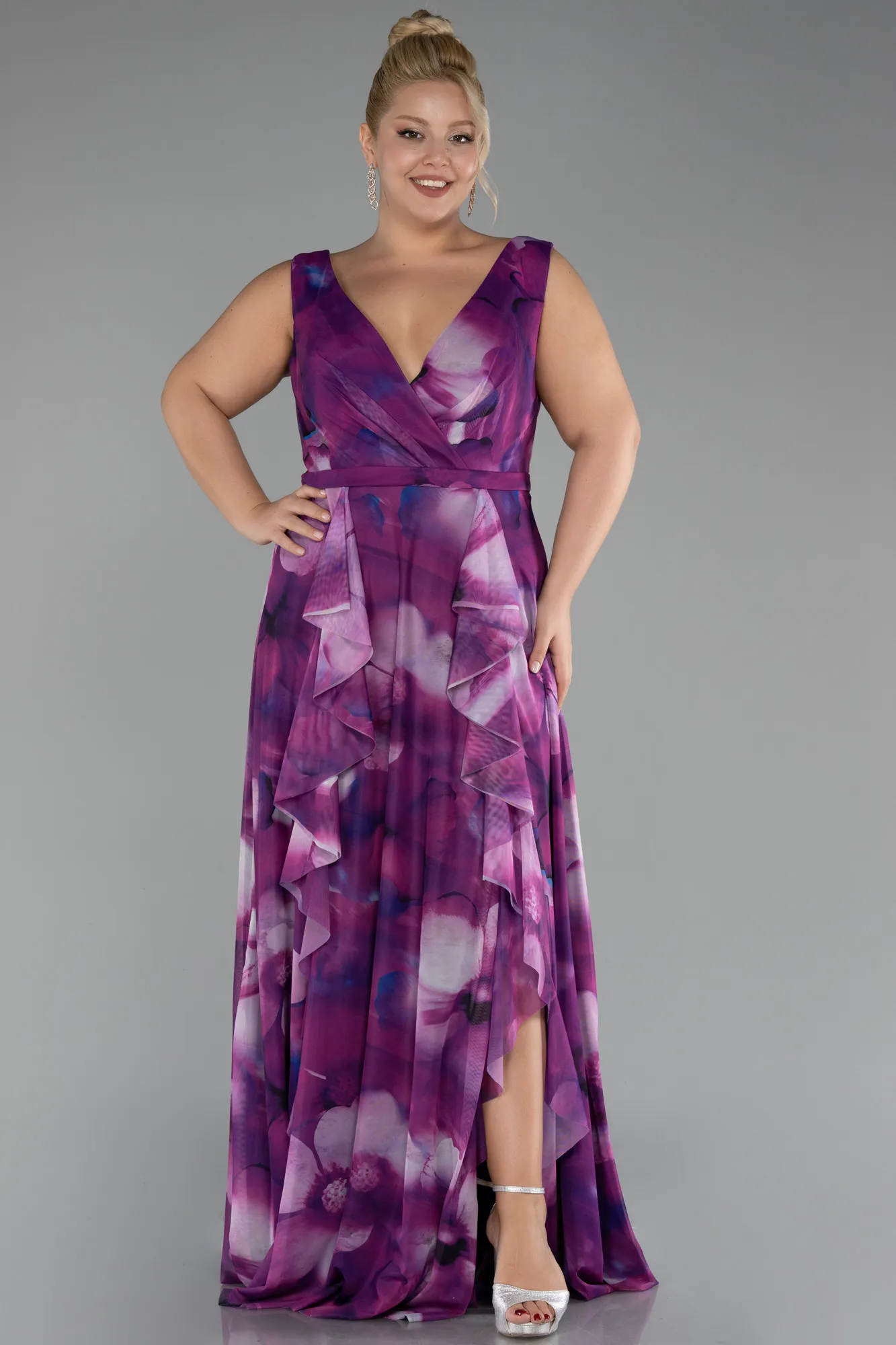Plum-Sleevess Printed Chiffon Plus Size Prom Dress ABU4050