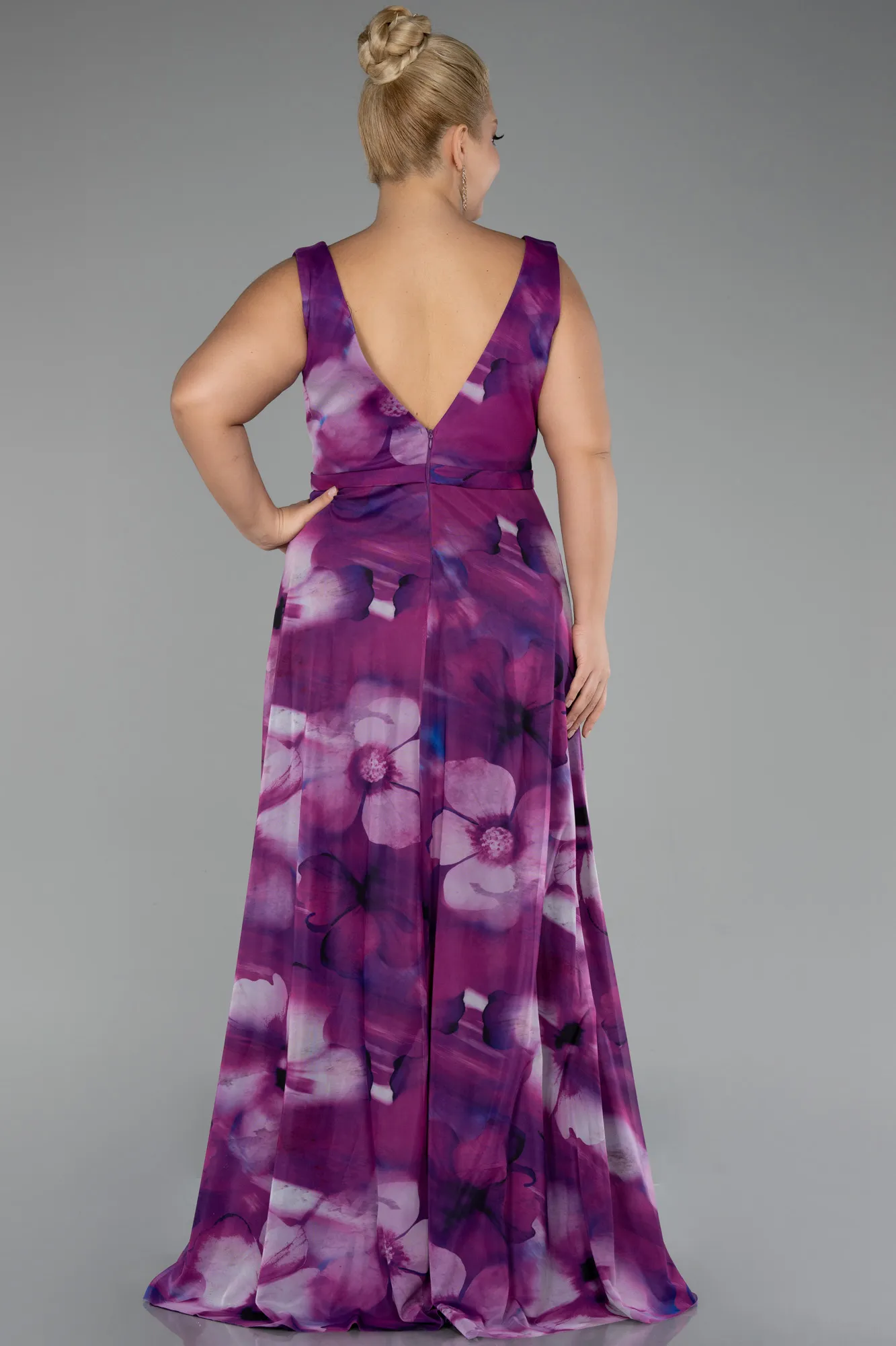 Plum-Sleevess Printed Chiffon Plus Size Prom Dress ABU4050