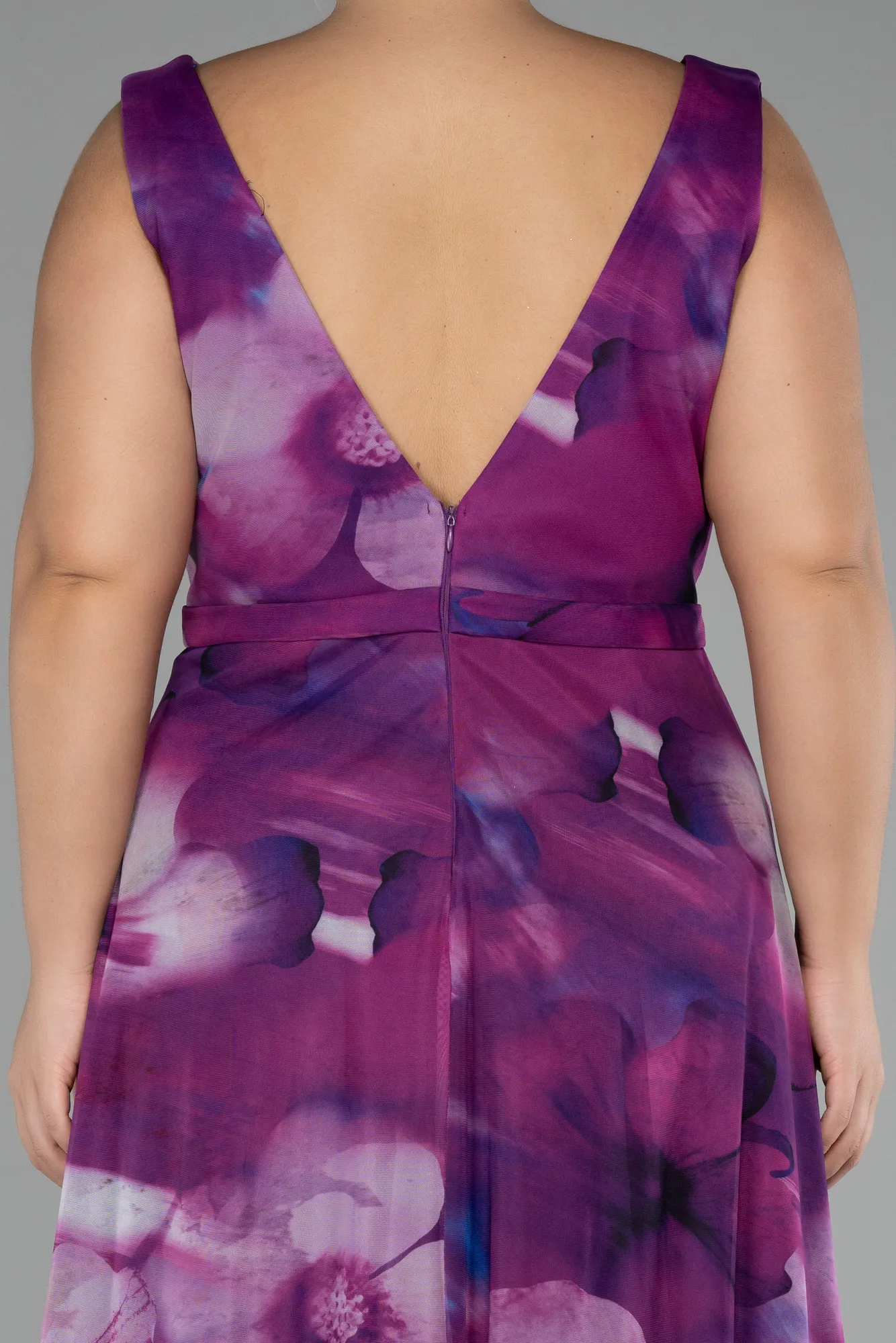 Plum-Sleevess Printed Chiffon Plus Size Prom Dress ABU4050