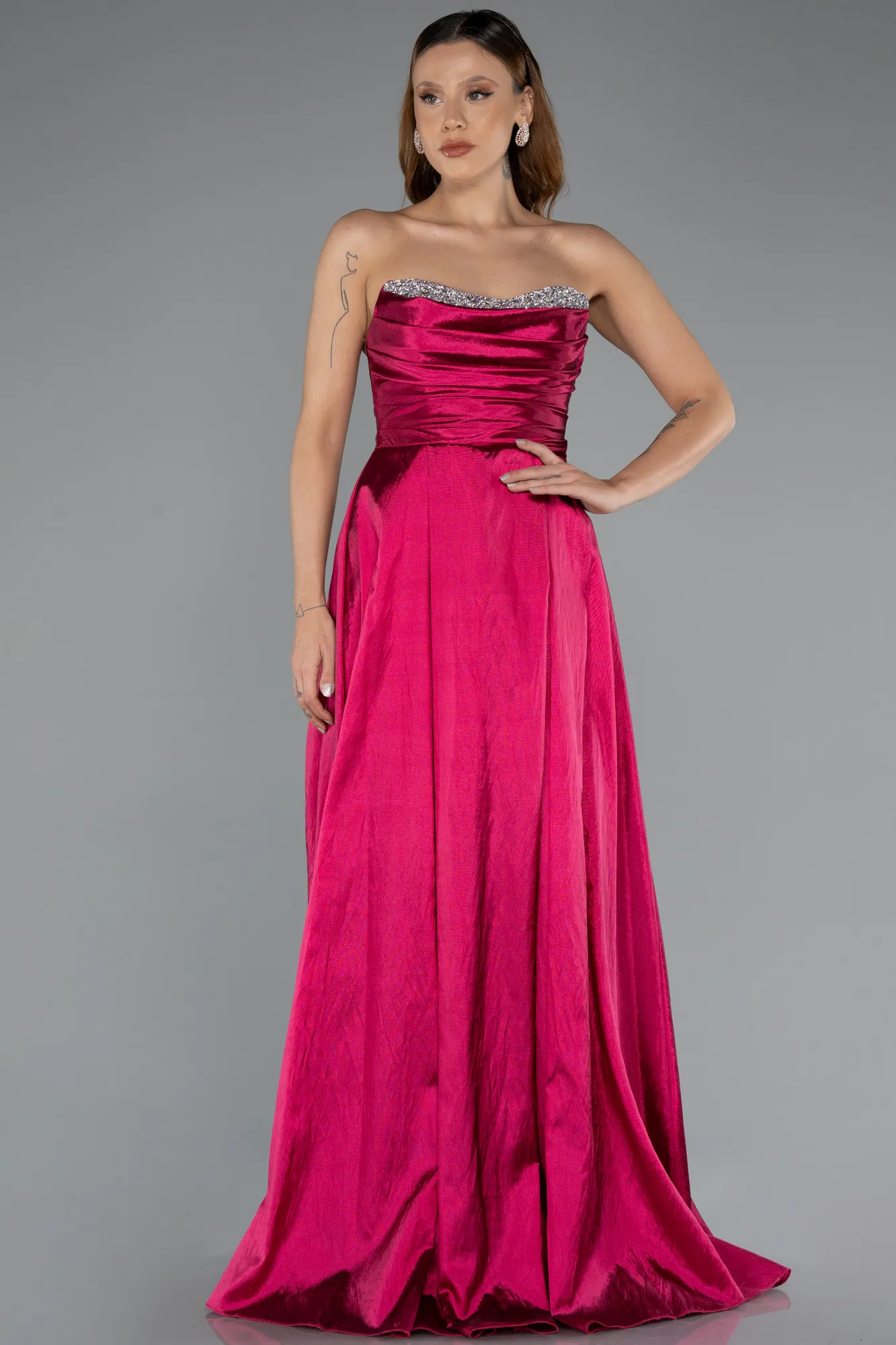 Plum-Stoned Strapless Long Taffeta Evening Gown ABU4579