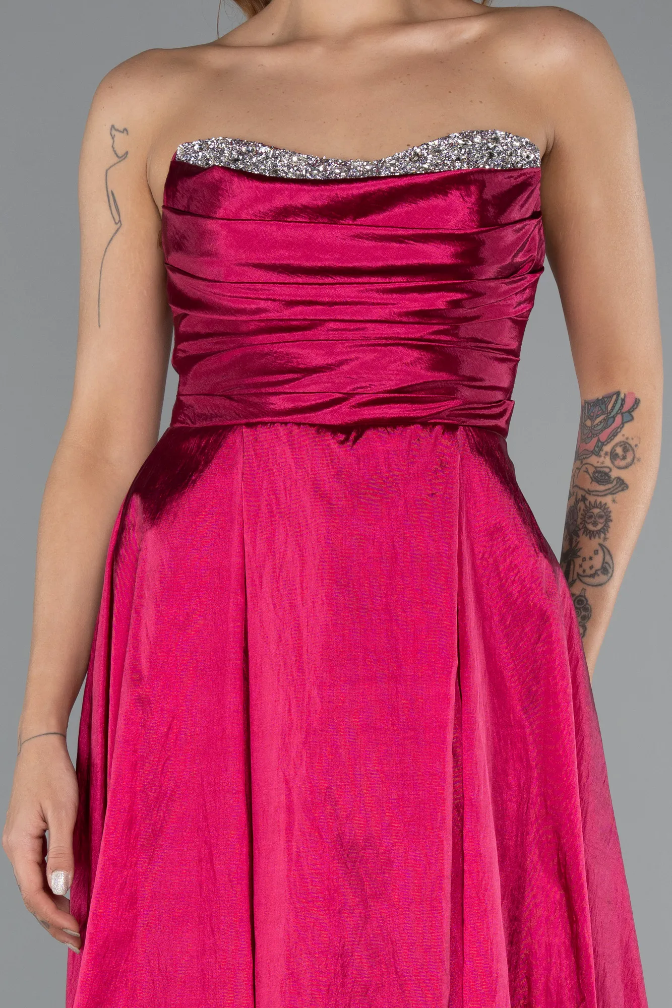 Plum-Stoned Strapless Long Taffeta Evening Gown ABU4579