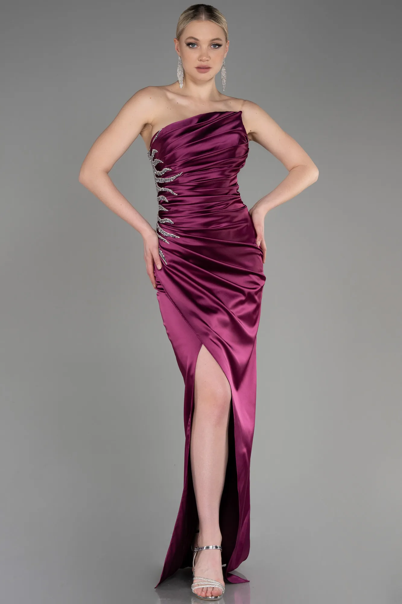 Plum-Strapless Long Satin Evening Dress ABU3825