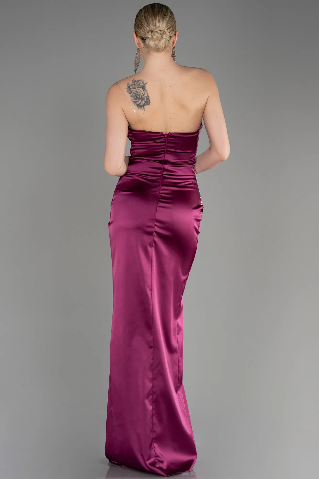 Plum-Strapless Long Satin Evening Dress ABU3825