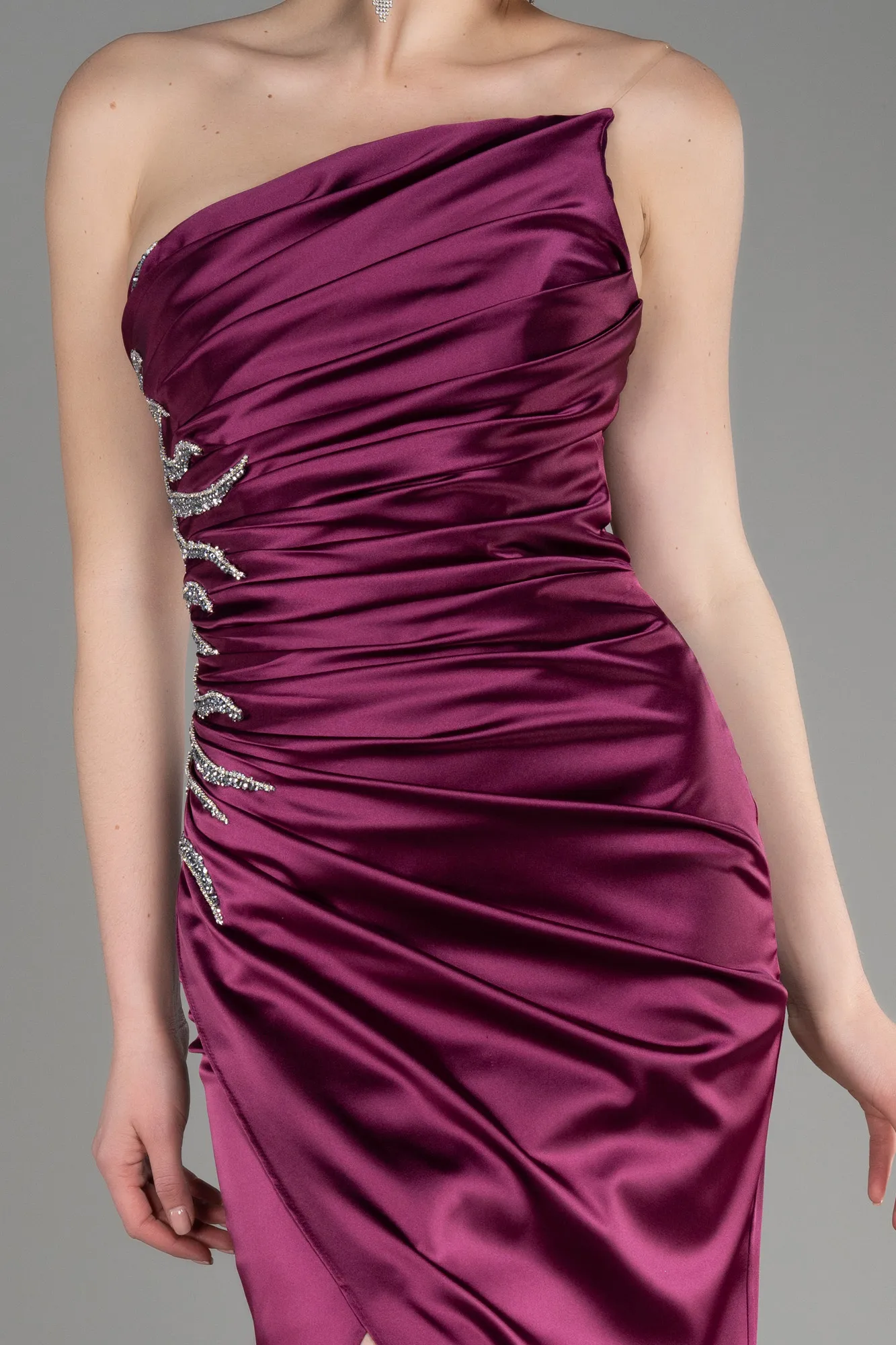Plum-Strapless Long Satin Evening Dress ABU3825