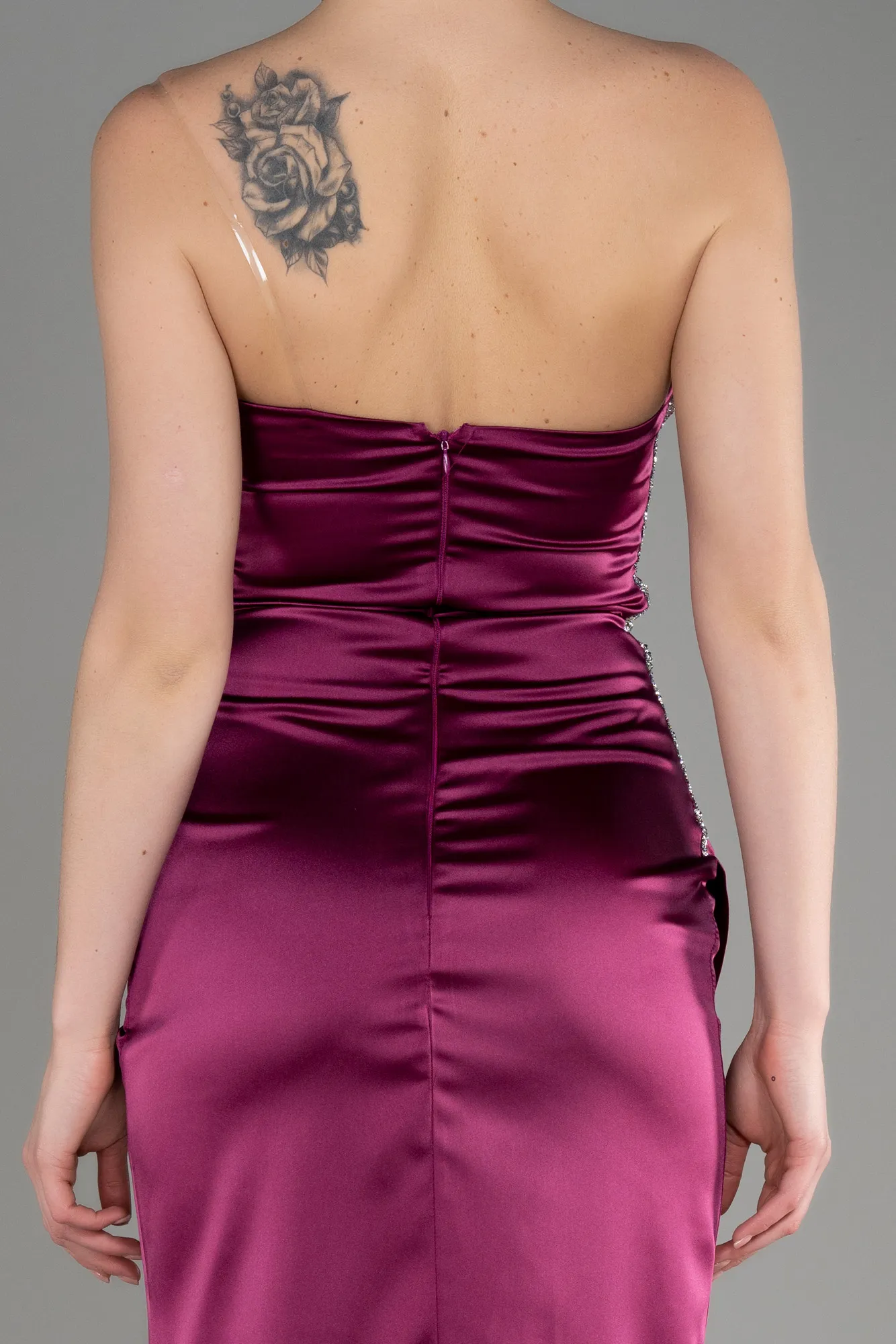 Plum-Strapless Long Satin Evening Dress ABU3825