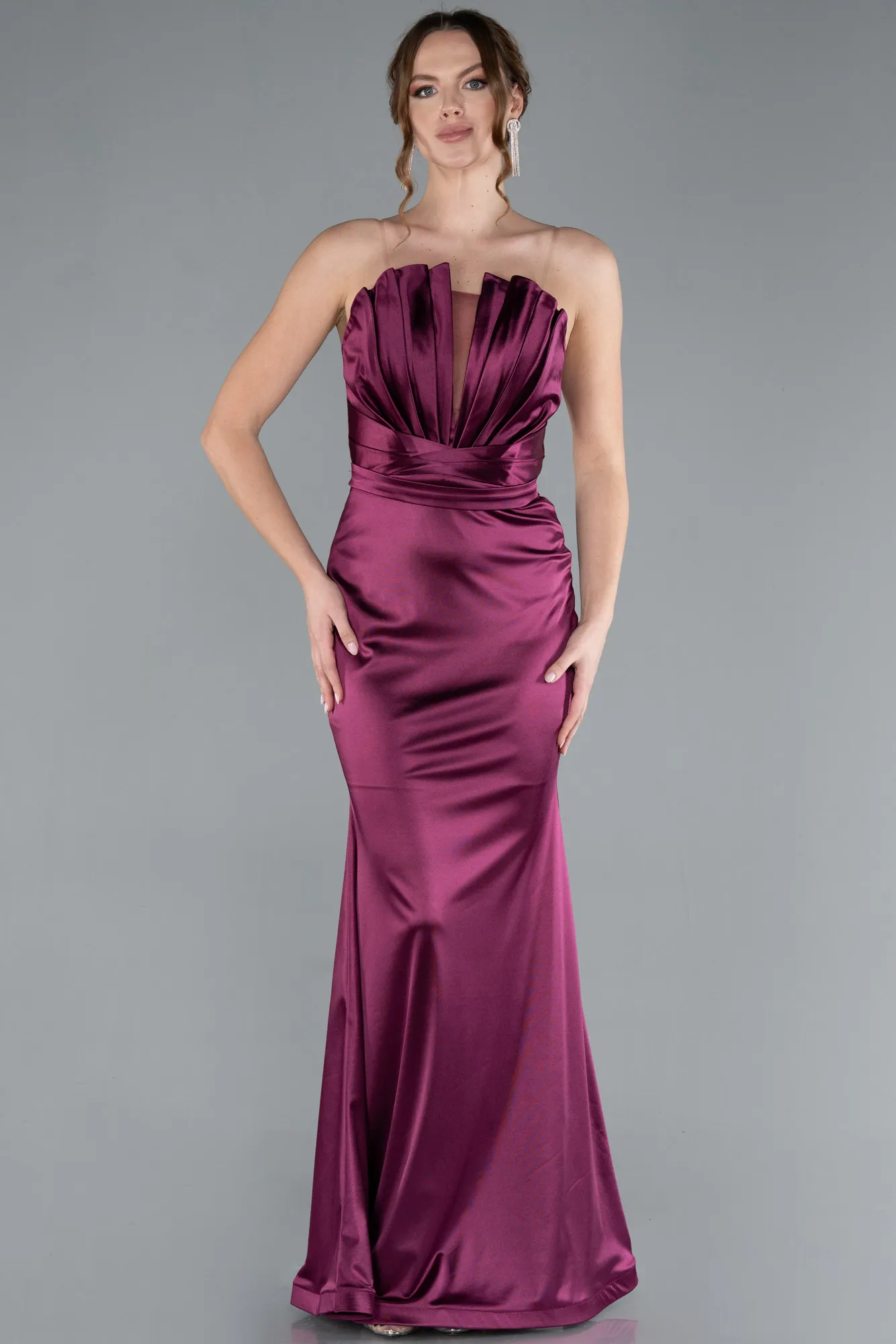 Plum-Strapless Long Satin Mermaid Evening Dress ABU4770