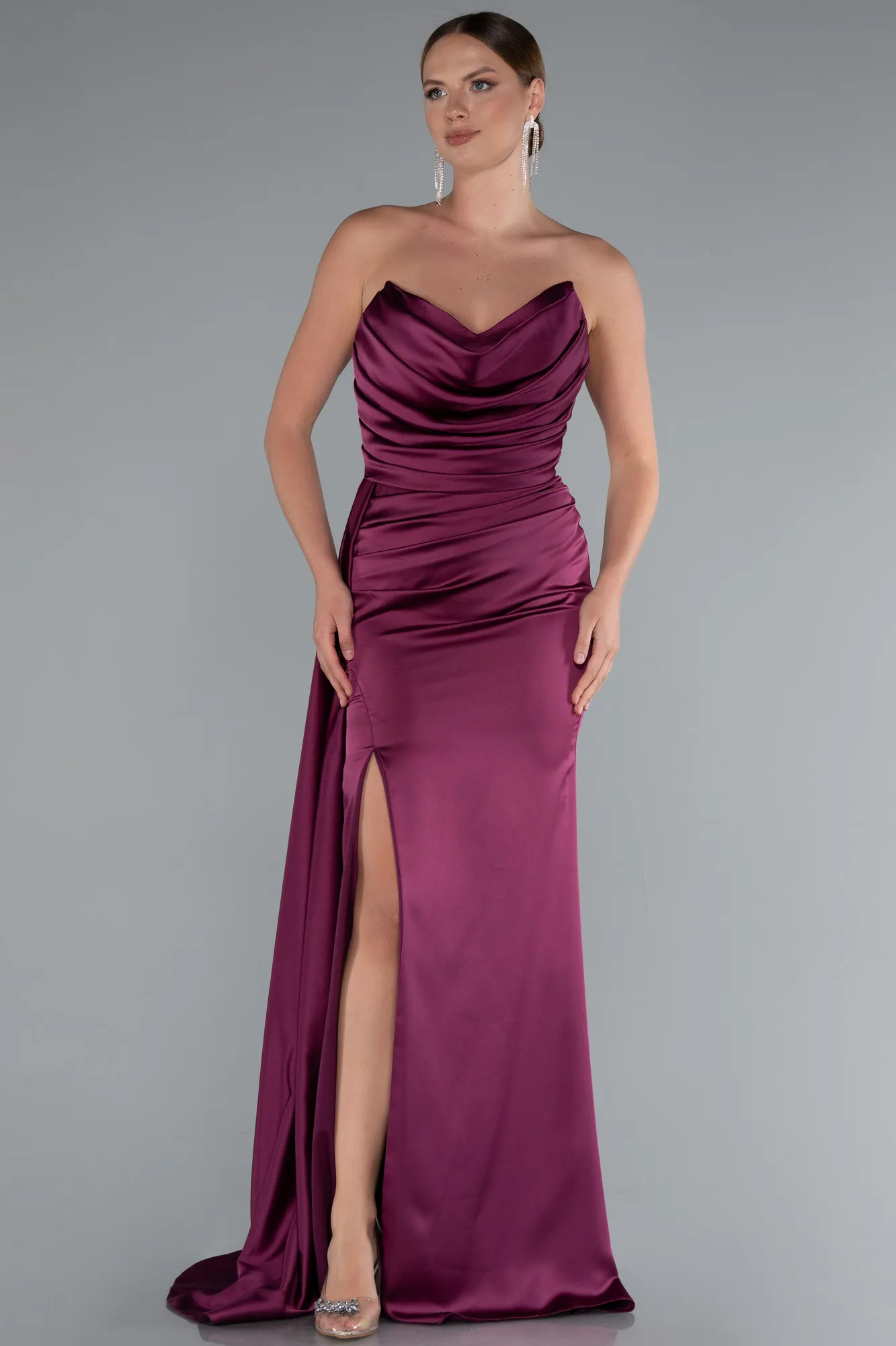 Plum-Strapless Side Slit Satin Evening Gown ABU4841