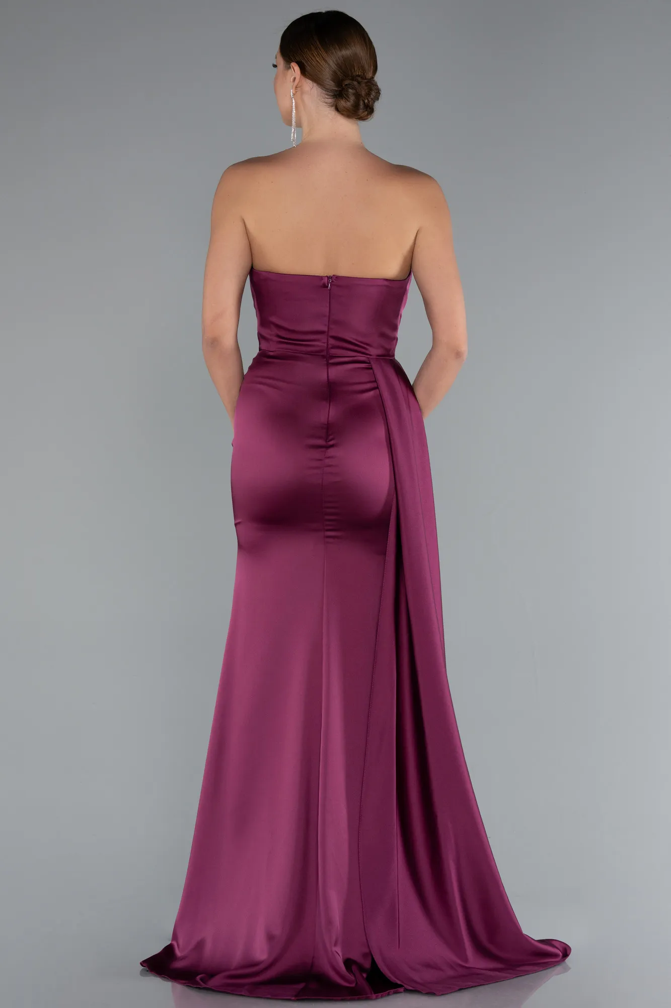 Plum-Strapless Side Slit Satin Evening Gown ABU4841