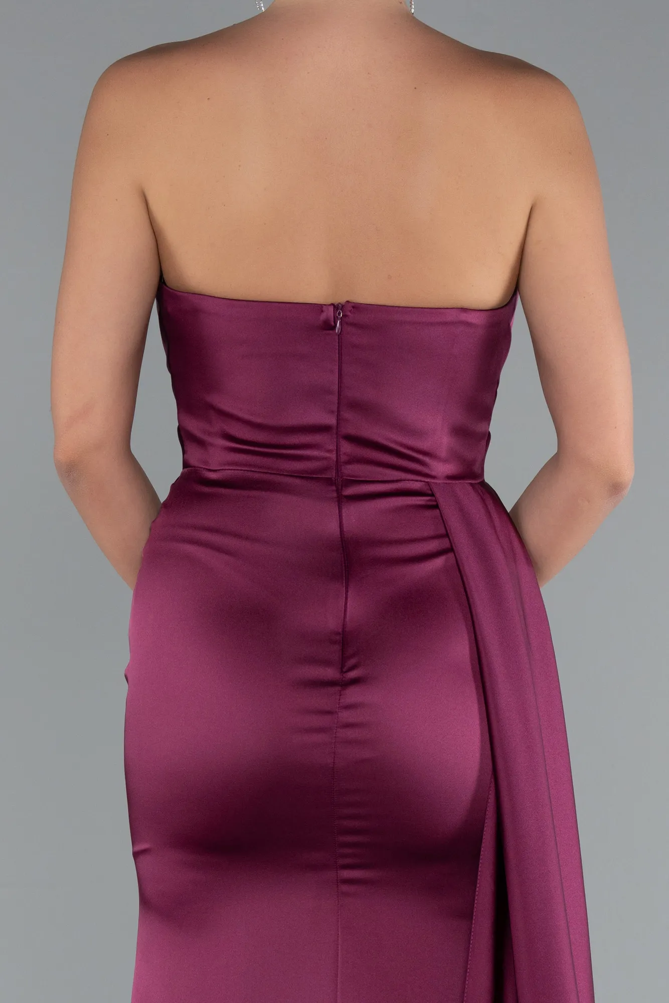 Plum-Strapless Side Slit Satin Evening Gown ABU4841