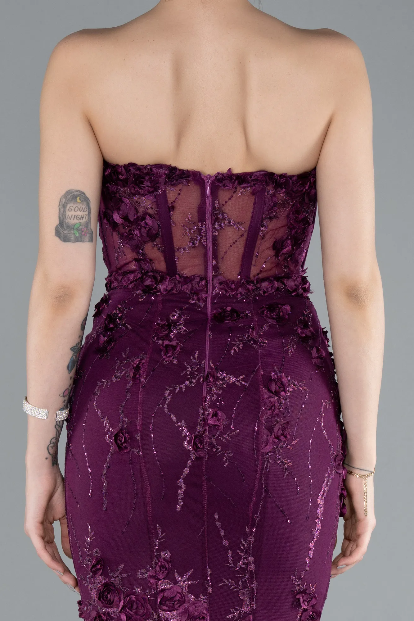 Plum-Strapless Three Dimensional Floral Long Mermaid Evening Gown ABU5571