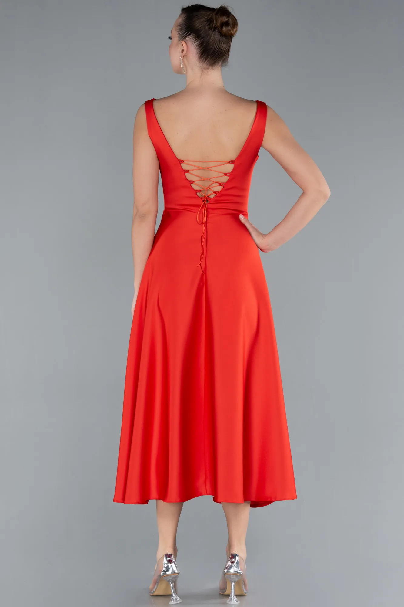 Pomegranate Flower-Elegant Scoop Neck Sleeveless Midi Satin Cocktail Dress ABK2234