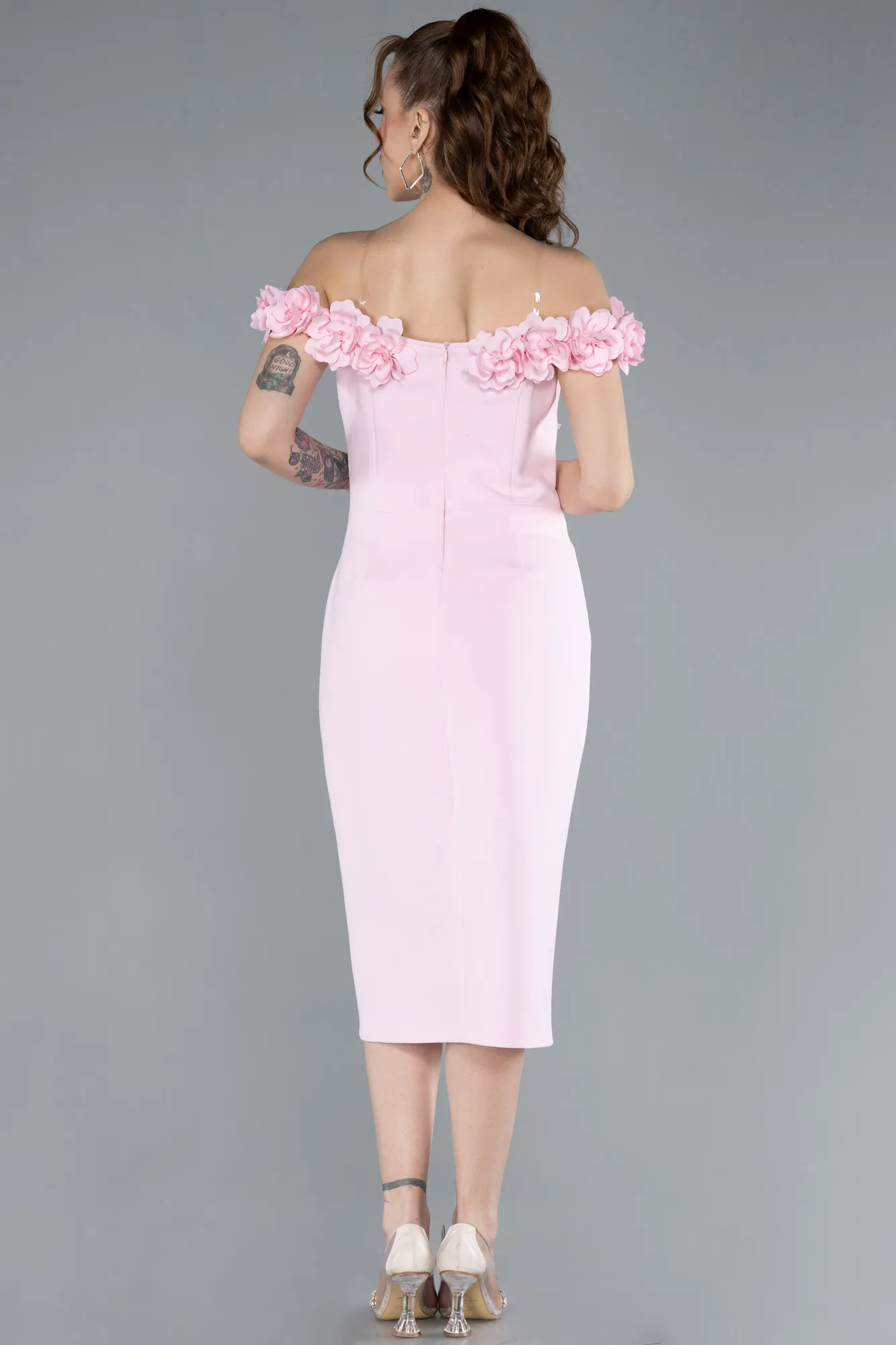Powder Color-Boat Neck Beaded Midi Cocktail Dress ABK2248