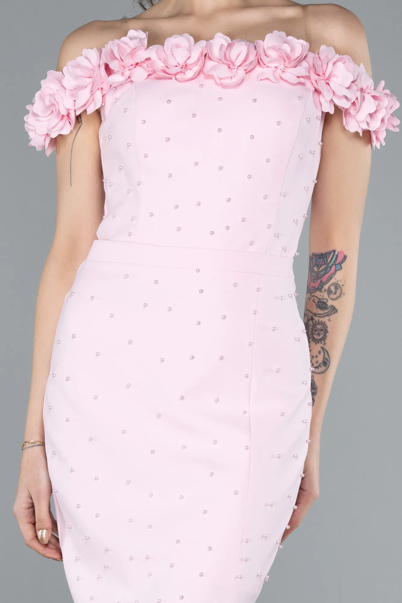 Powder Color-Boat Neck Beaded Midi Cocktail Dress ABK2248