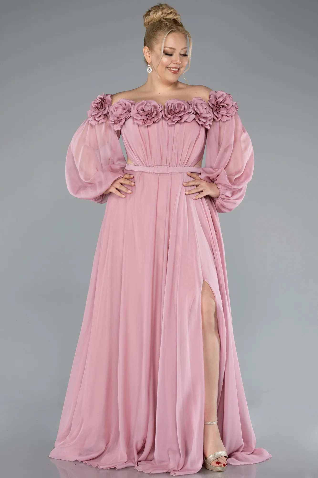 Powder Color-Boat Neck Long Sleeve Plus Size Chiffon Prom Gown ABU4131