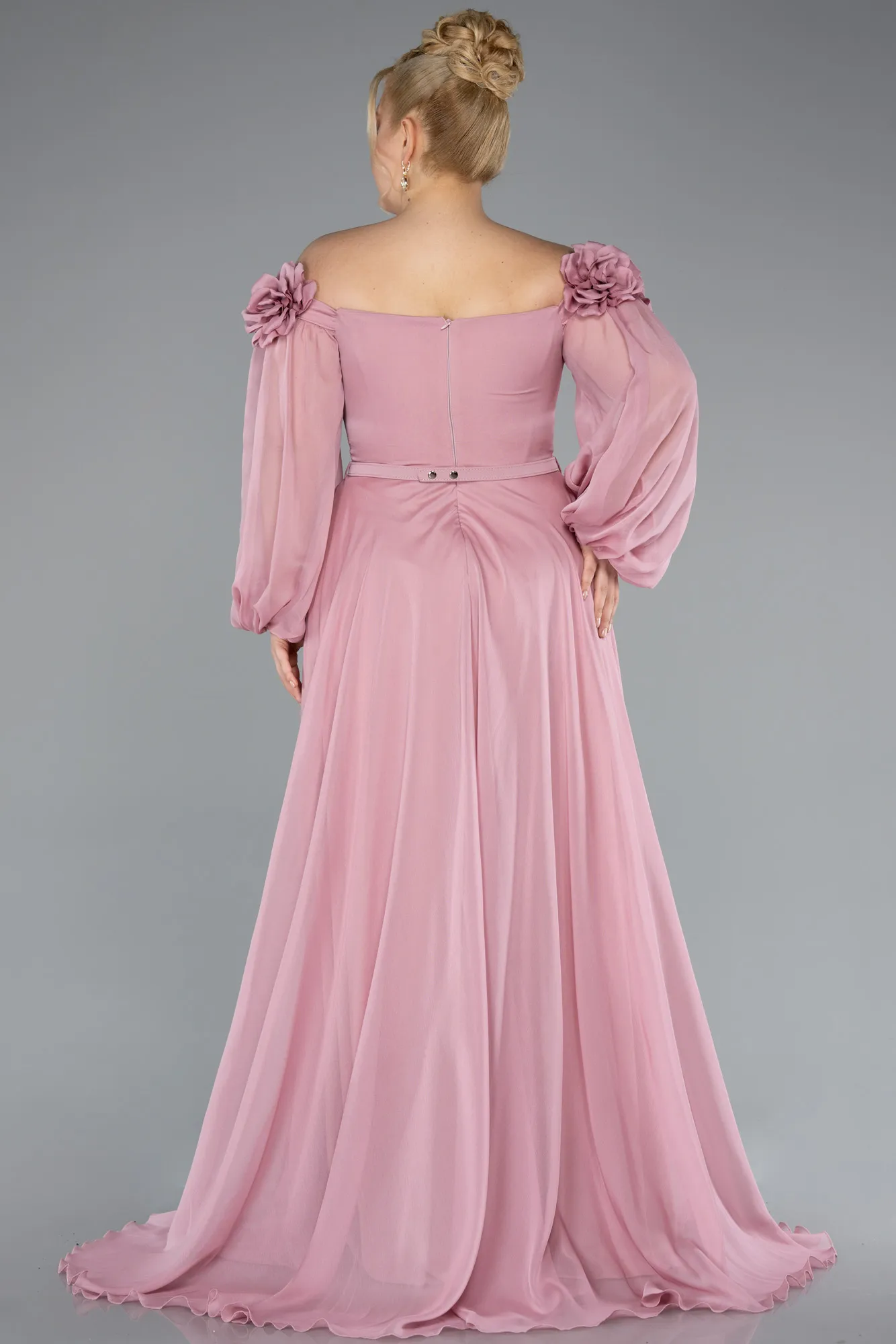 Powder Color-Boat Neck Long Sleeve Plus Size Chiffon Prom Gown ABU4131