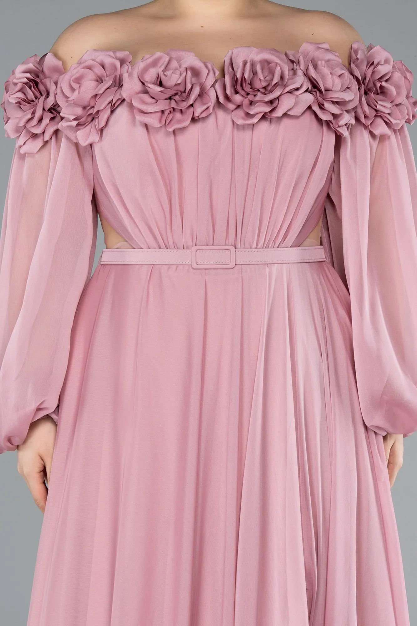 Powder Color-Boat Neck Long Sleeve Plus Size Chiffon Prom Gown ABU4131