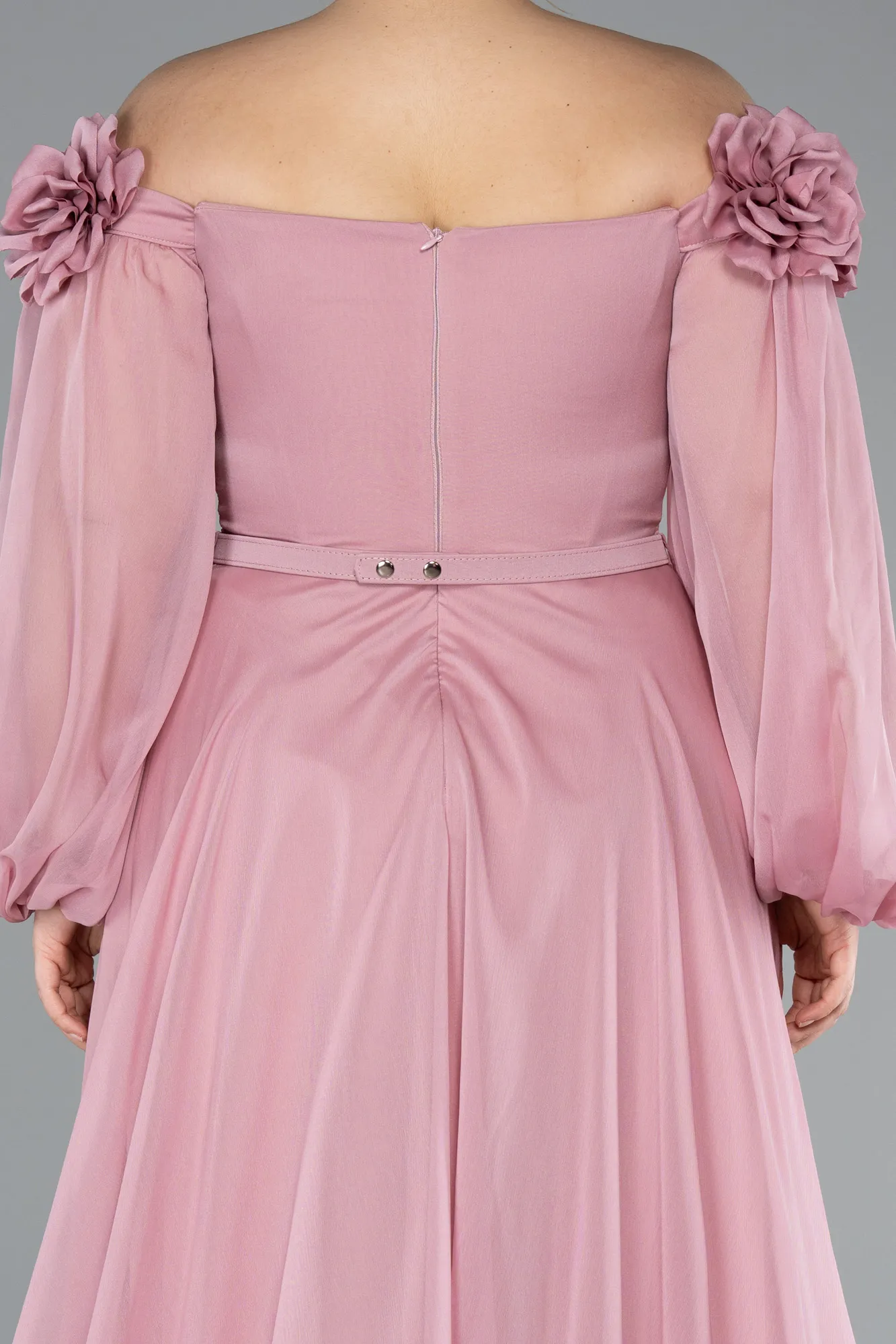 Powder Color-Boat Neck Long Sleeve Plus Size Chiffon Prom Gown ABU4131