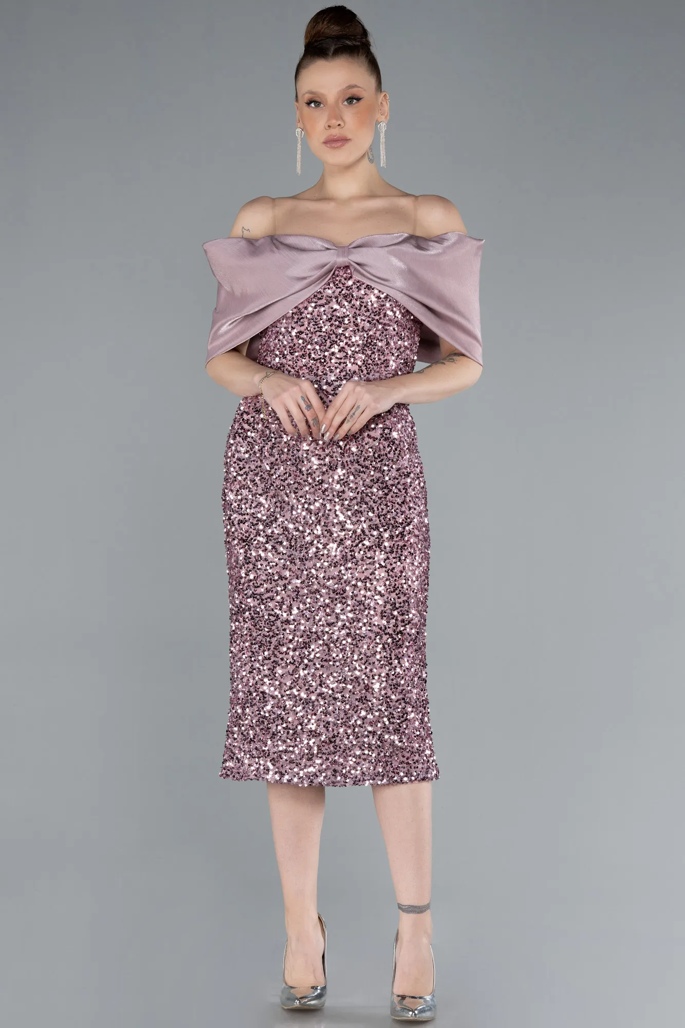 Powder Color-Boat Neck Midi Sequined Cocktail Dress ABK2257