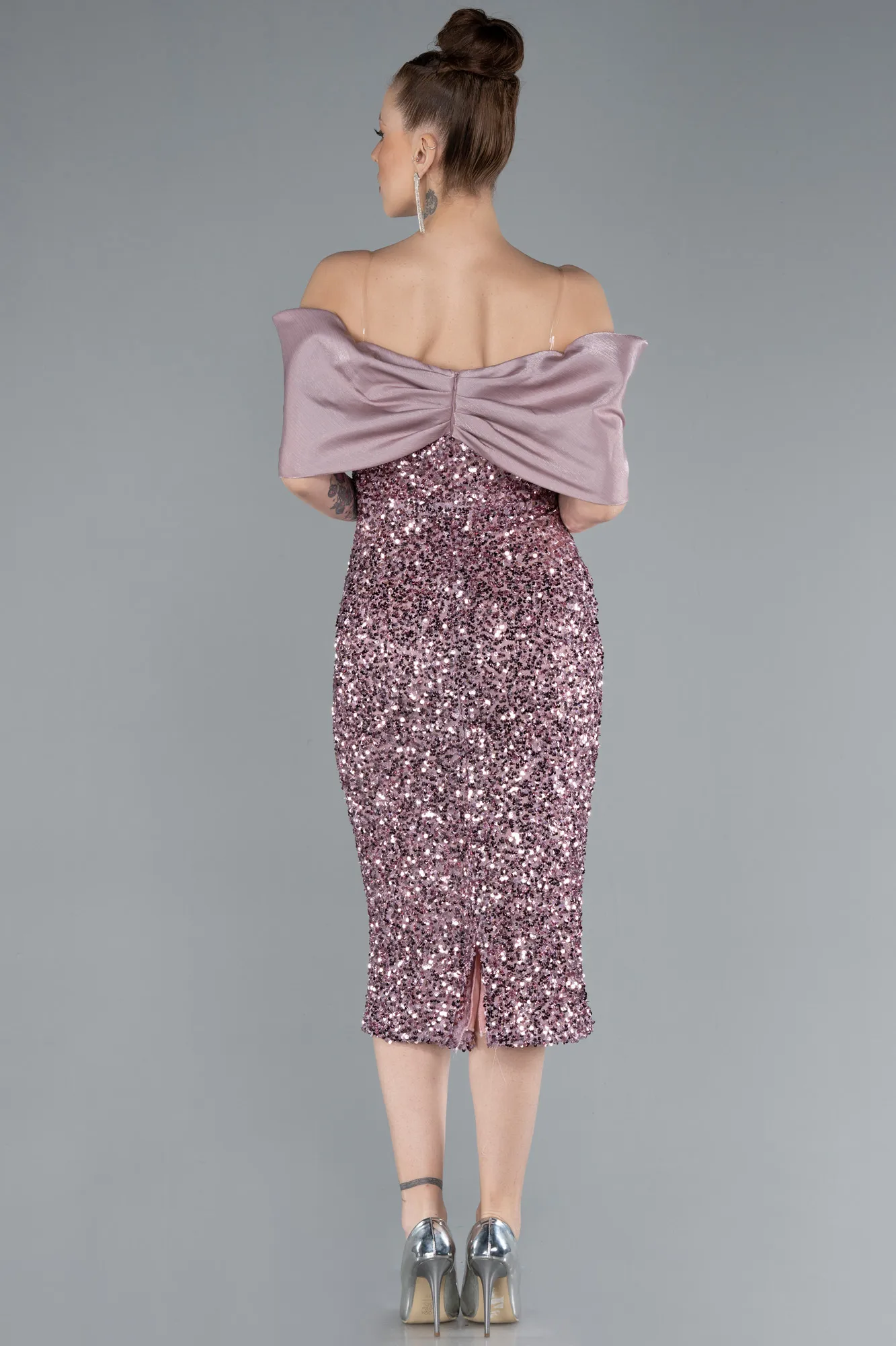 Powder Color-Boat Neck Midi Sequined Cocktail Dress ABK2257